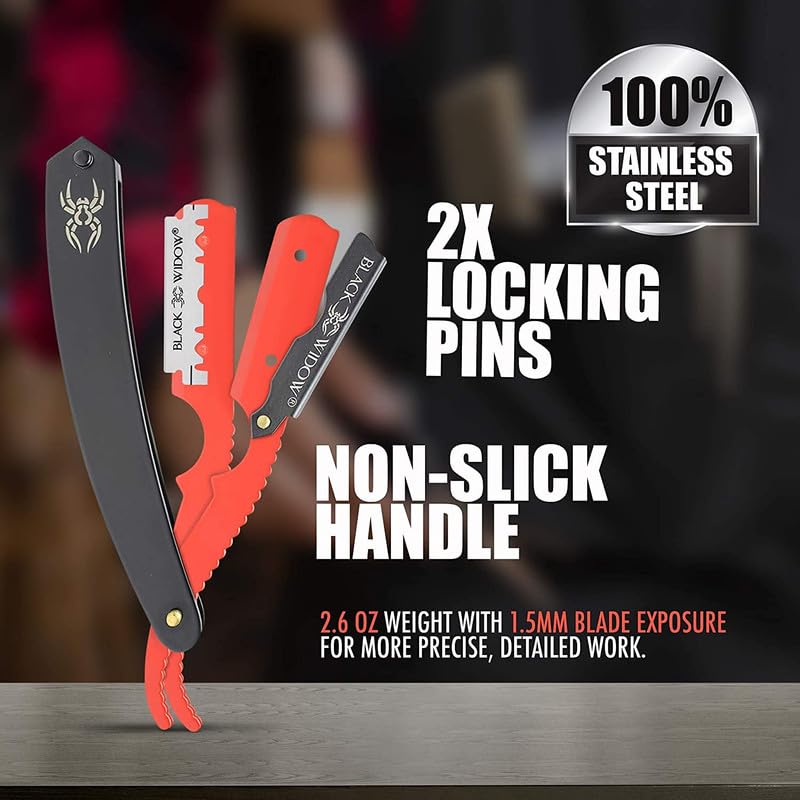 BLACK WIDOW Straight Edge Razor – 1.5mm Exposure, Matte Black/Red, 2.6 ...