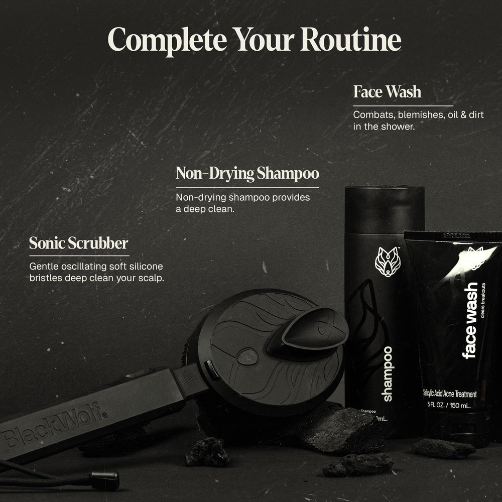 Black Wolf body wash ideal for chest and back acne-prone areas.