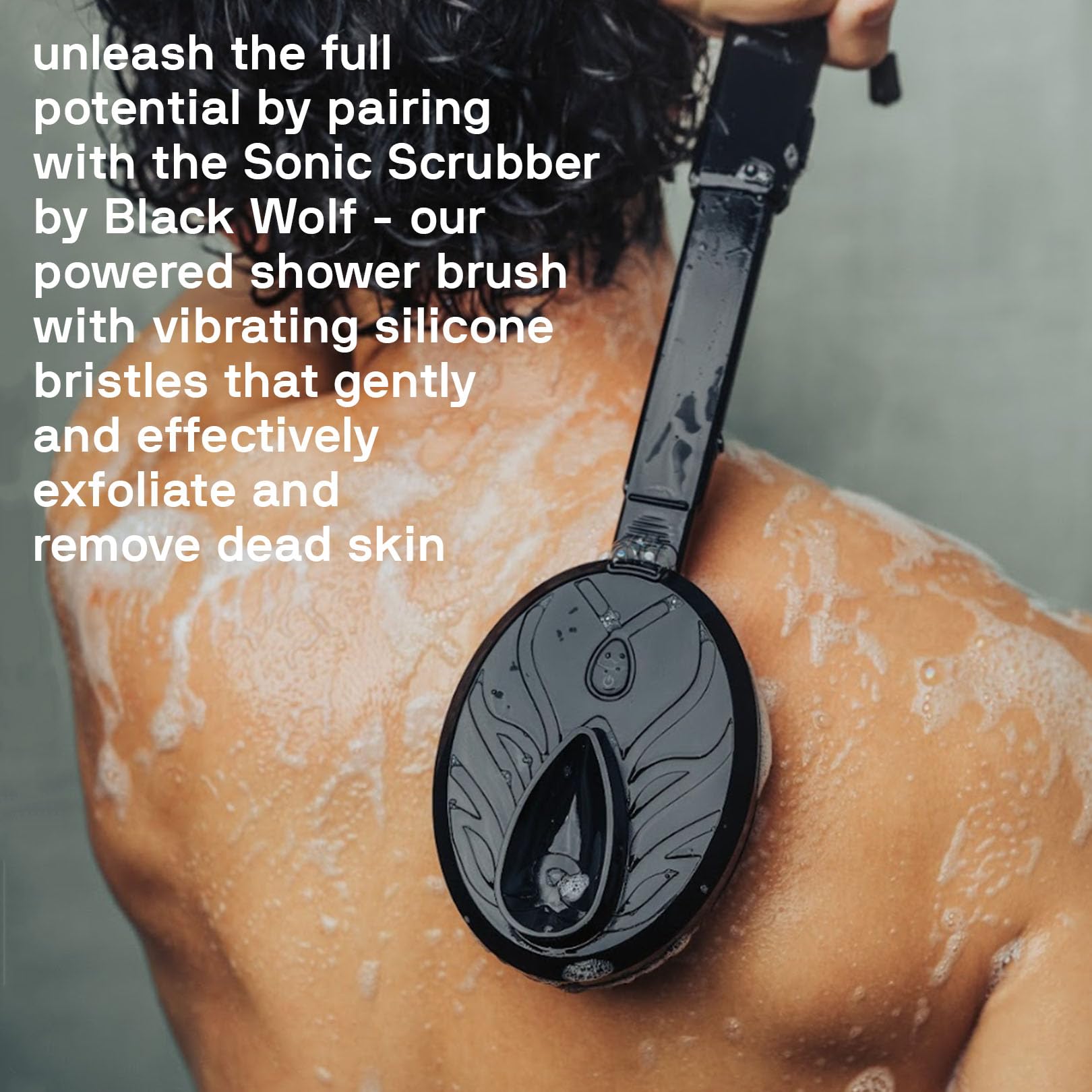 Black Wolf charcoal cleansing action image suggests dirt and oil removal with balanced moisture.