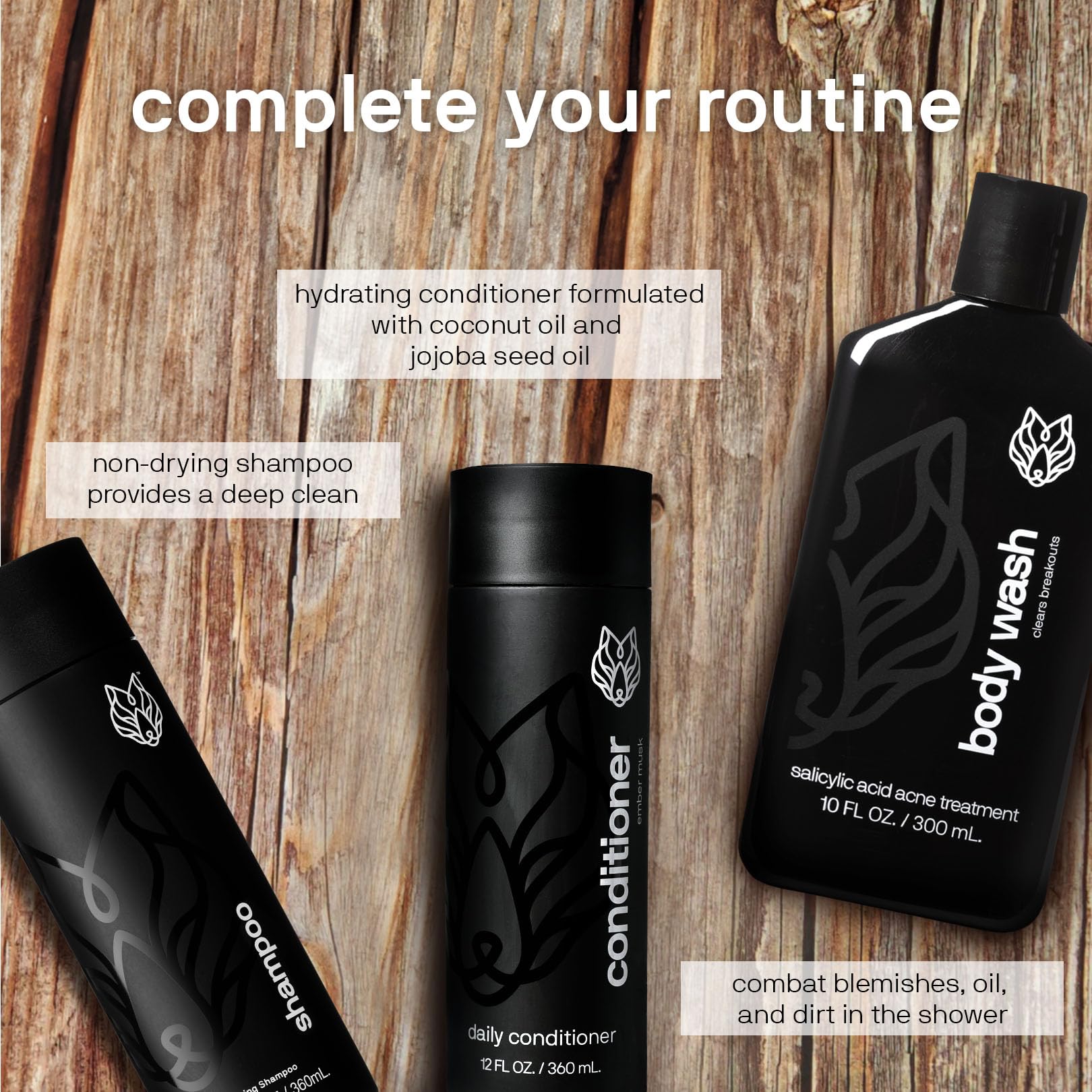 Black Wolf mens grooming routine image showcases shower setup with sandalwood cleanser.