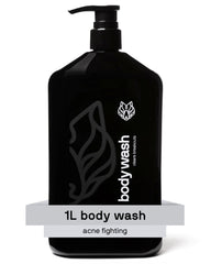 Black Wolf salicylic acid body wash bottle highlighting deep clean for oily skin.