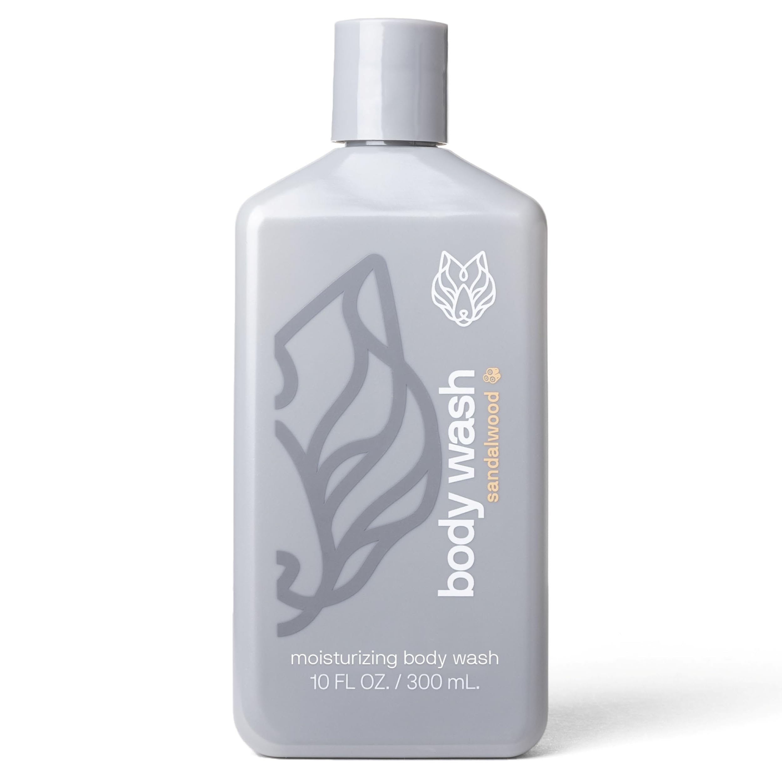 Black Wolf sandalwood body wash bottle delivers hydrating cleanse for dry and sensitive skin.