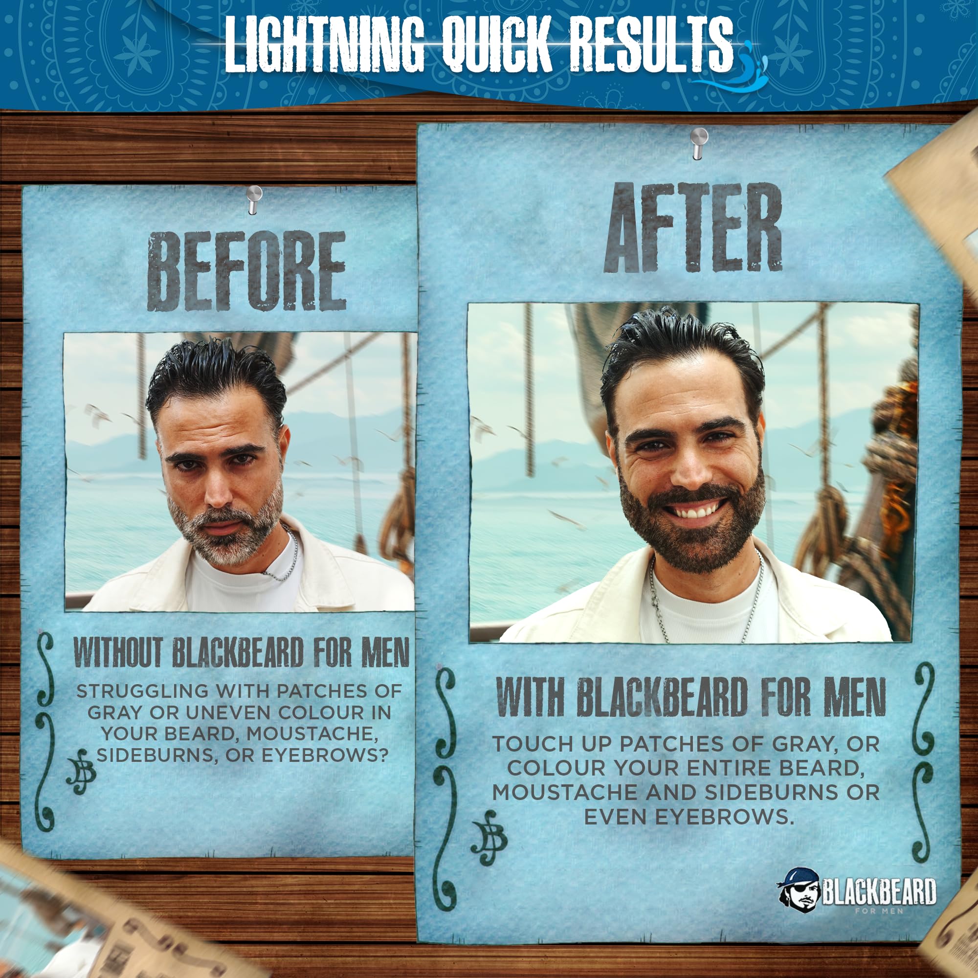 Blackbeard for Men covers beard, mustache, eyebrows and sideburns for a natural look