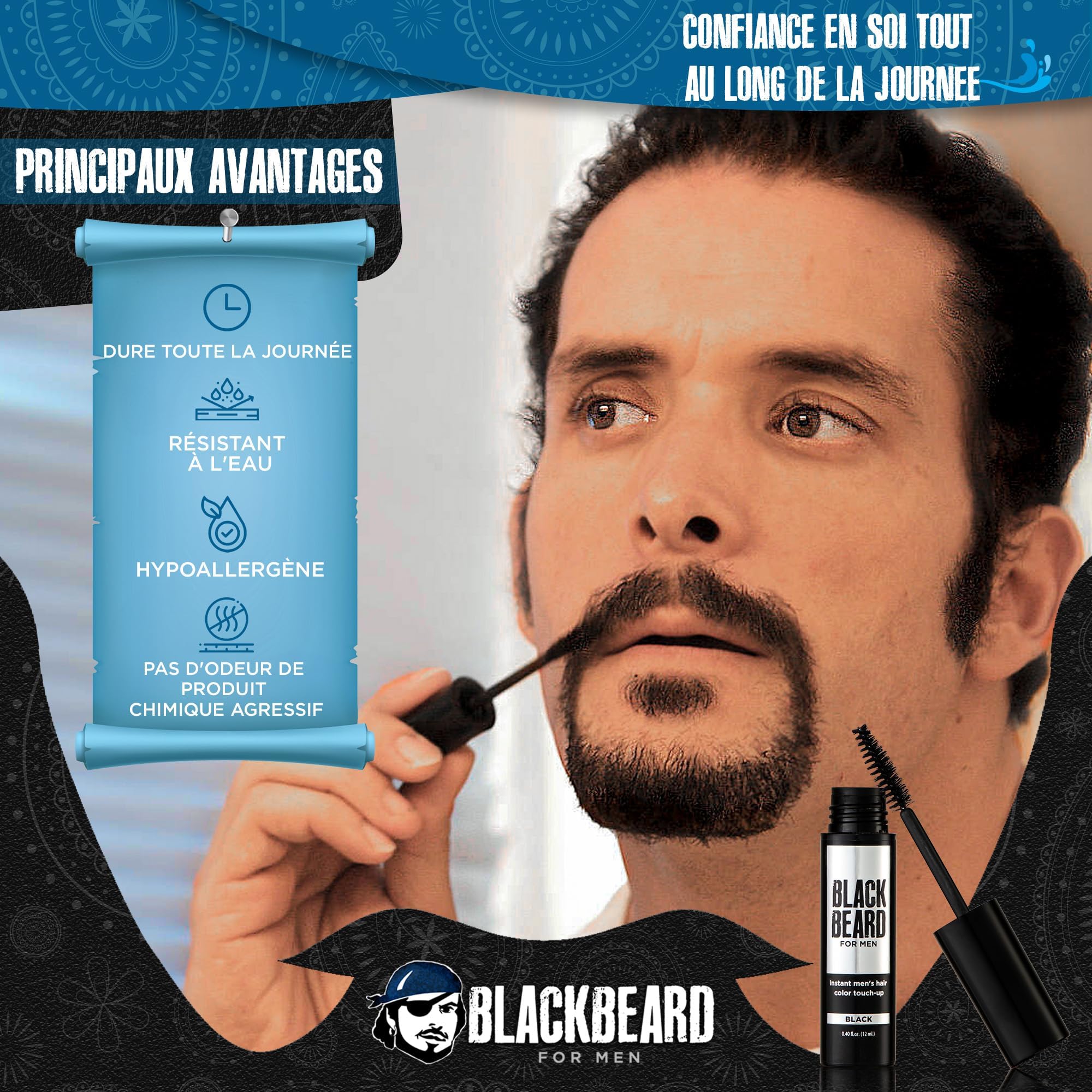 Blackbeard for Men quick-apply-beard-color enables on-the-go touch-ups in seconds.