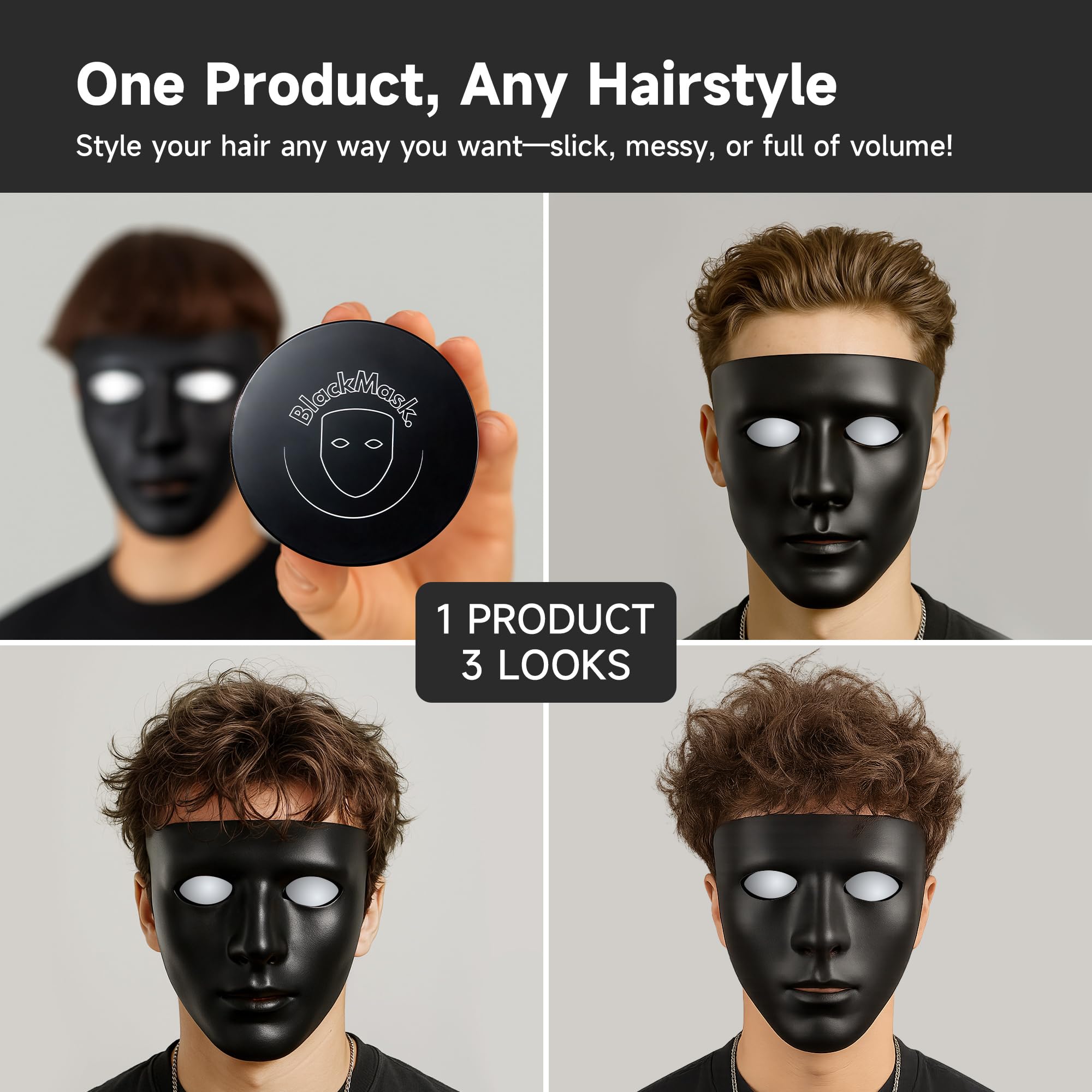 BlackMask Hair Clay matte finish on models' hair delivers natural look and flexible hold.