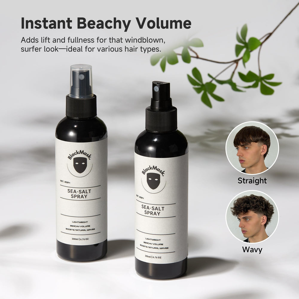 BlackMask Sea Salt Spray bottle closeup, lightweight formula suited for all hair types.