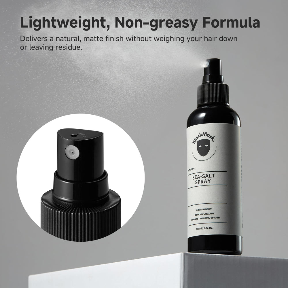 BlackMask Sea Salt Spray mist delivering subtle lift at roots.