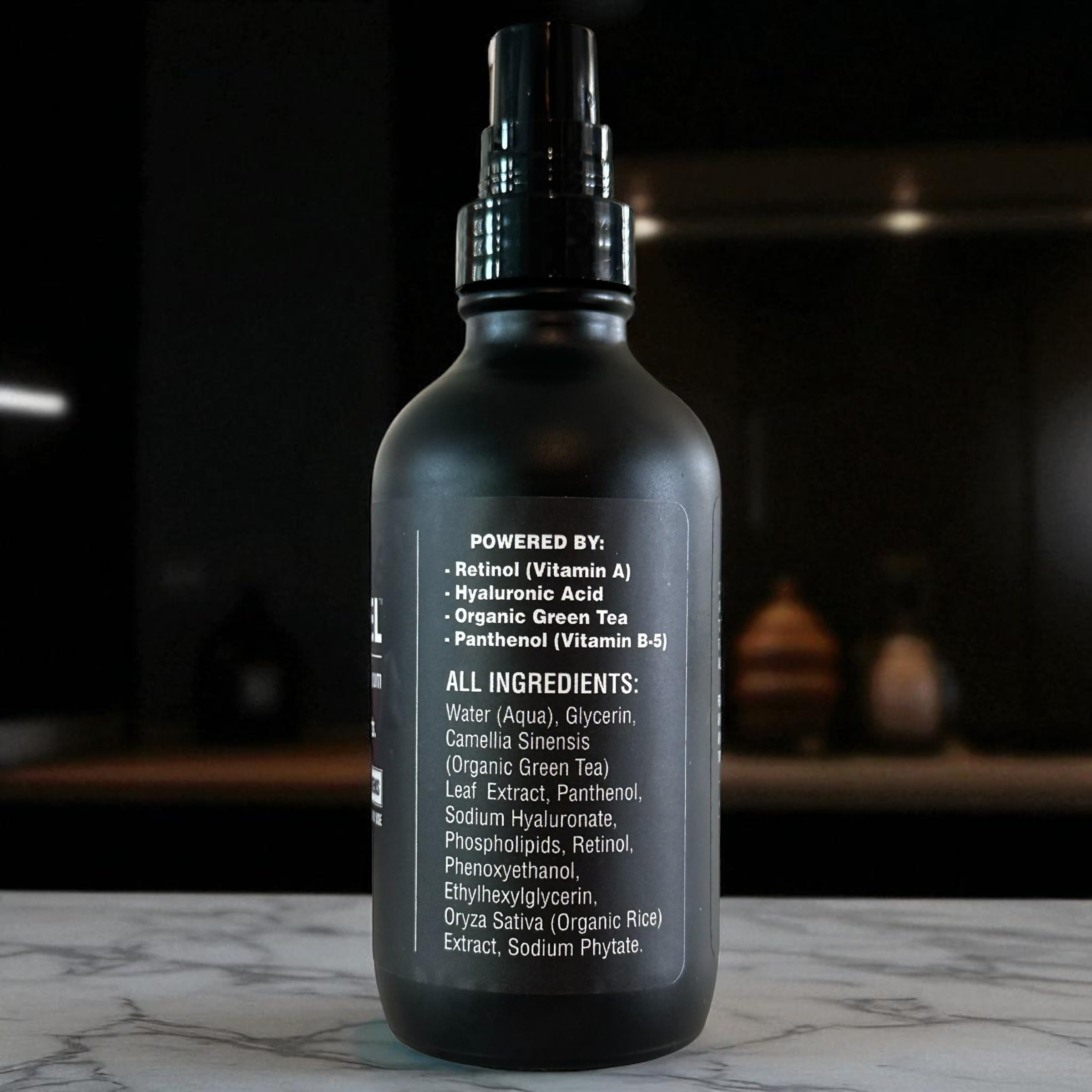 BLACKSTEEL serum on bathroom shelf illustrating one-step skincare solution.