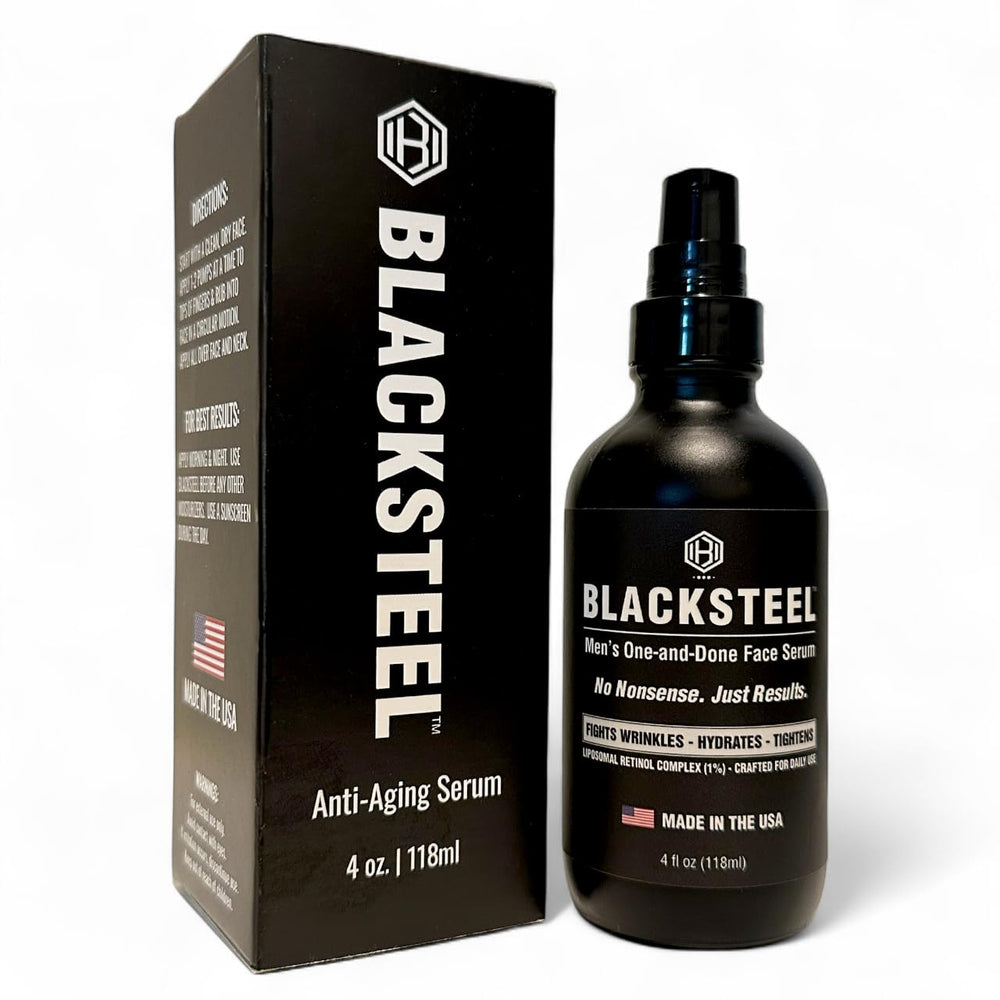 BLACKSTEEL men's serum bottle front showing sleek matte packaging for daily use.