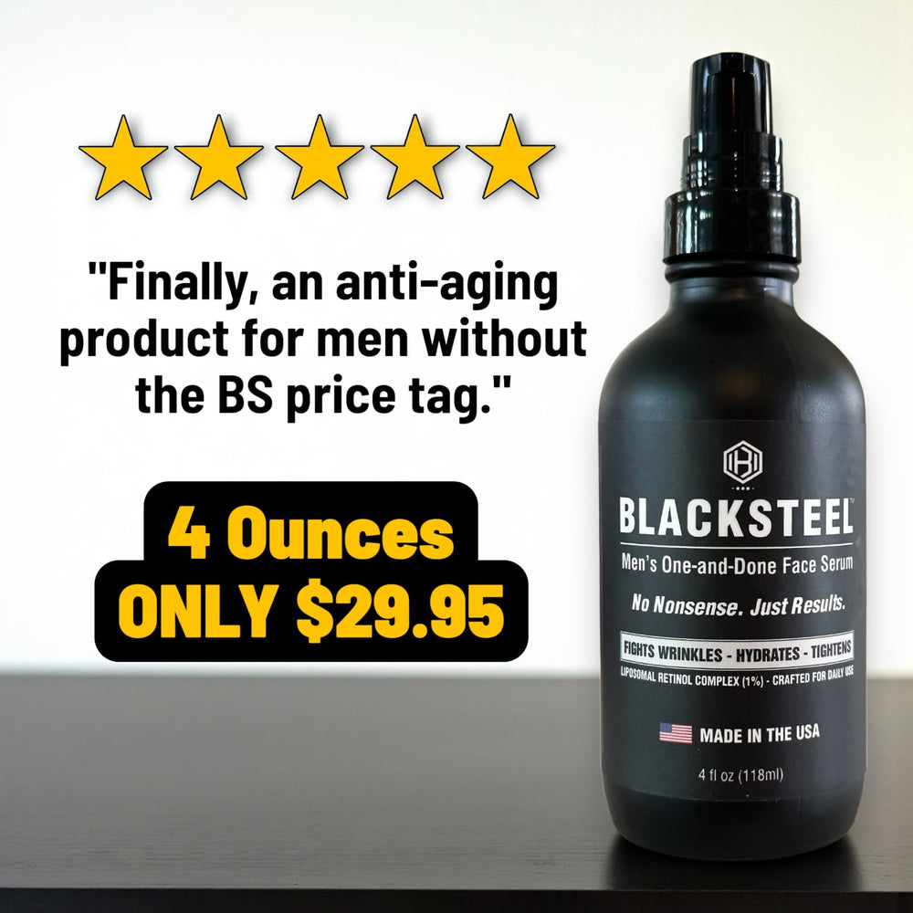 BLACKSTEEL serum dropper close-up with retinol and HA slowing aging benefits.