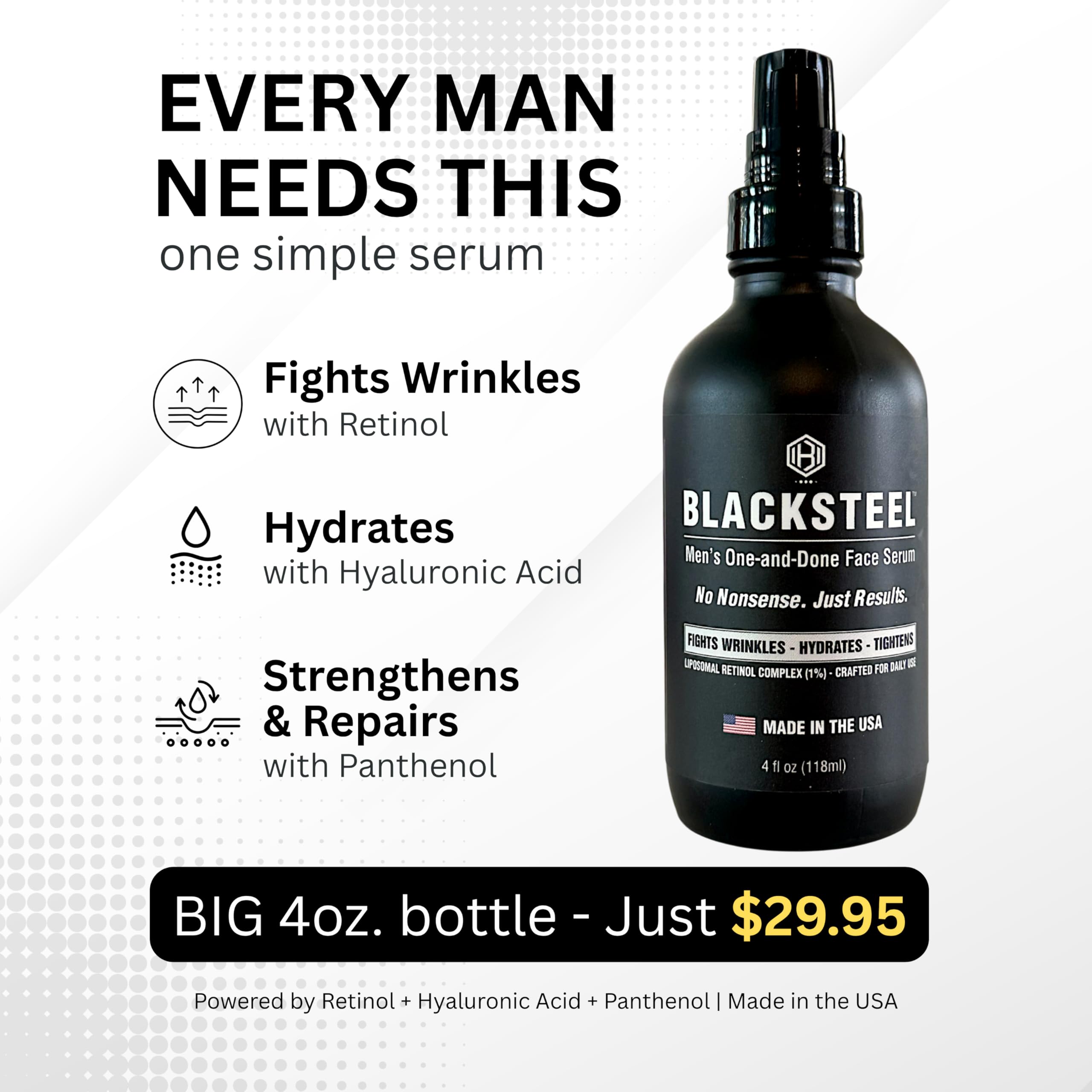 BLACKSTEEL serum lifestyle shot showing application before work for a smooth start.