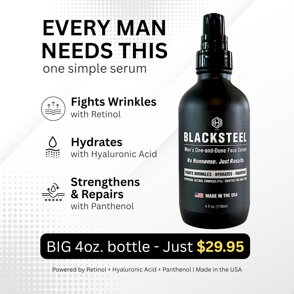 BLACKSTEEL serum lifestyle shot showing application before work for a smooth start.