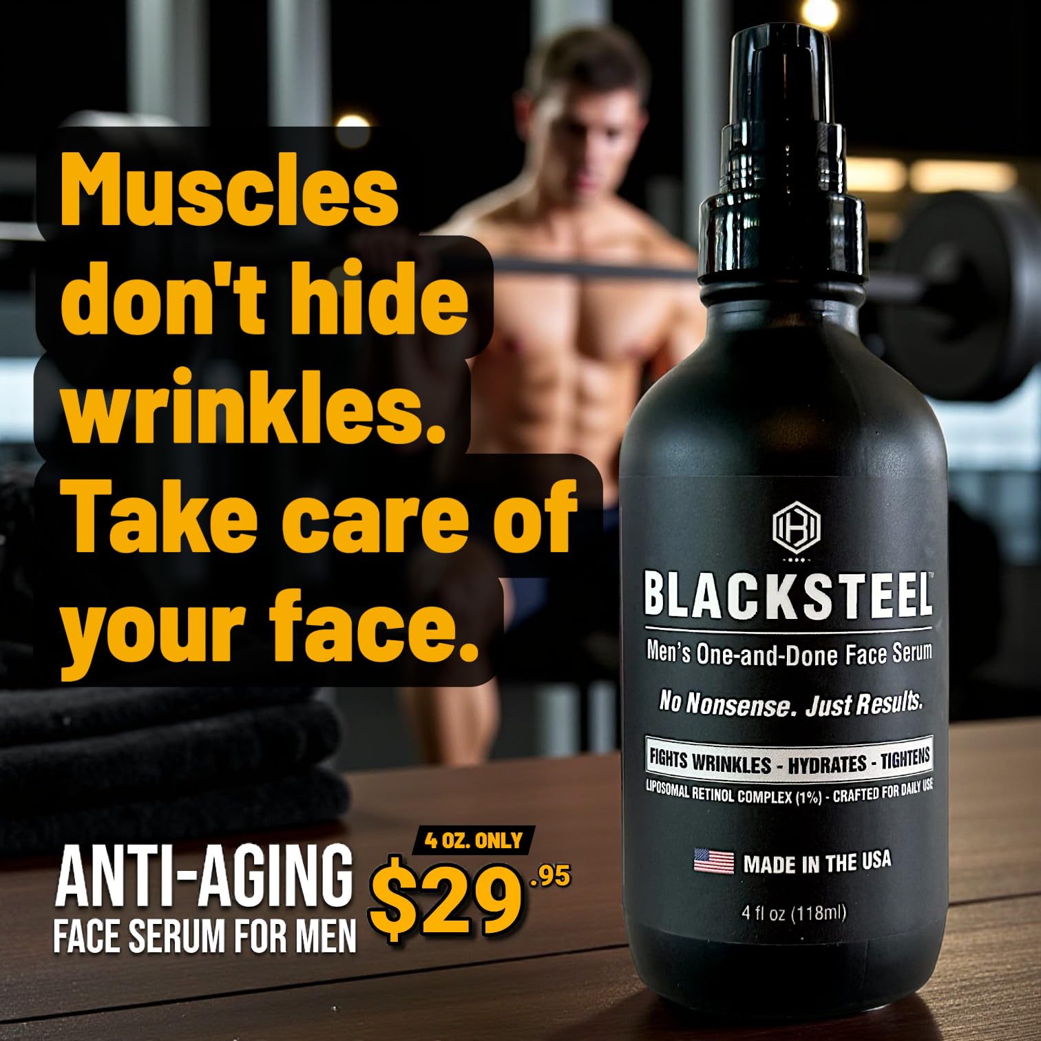 BLACKSTEEL serum in USA-made matte black glass packaging protecting ingredients.