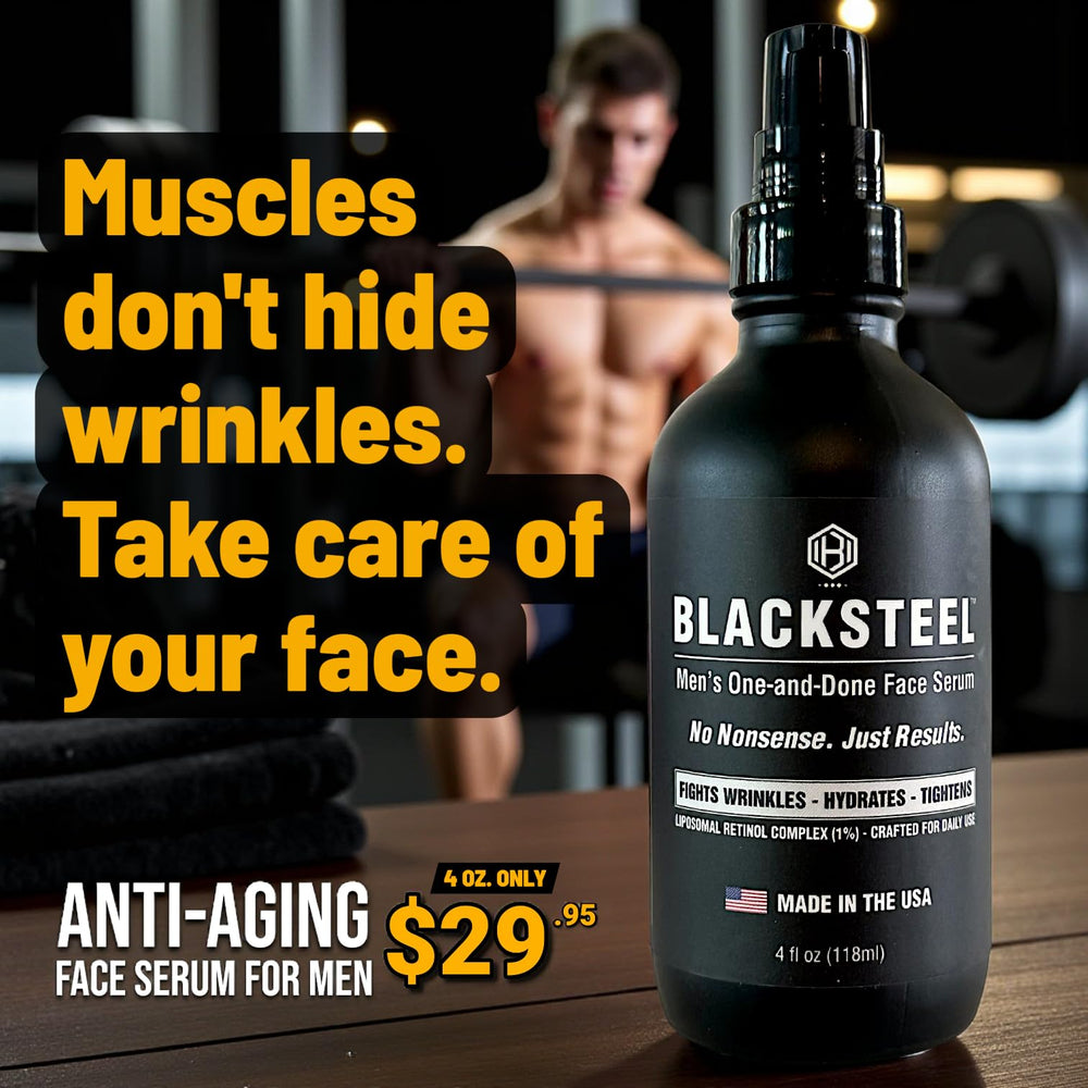 BLACKSTEEL serum in USA-made matte black glass packaging protecting ingredients.