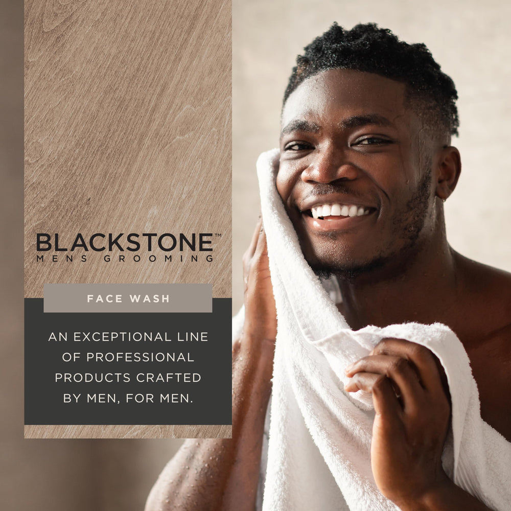 Blackstone Detoxifying Face Wash charcoal-swirl closeup shows activated charcoal cleansing action.