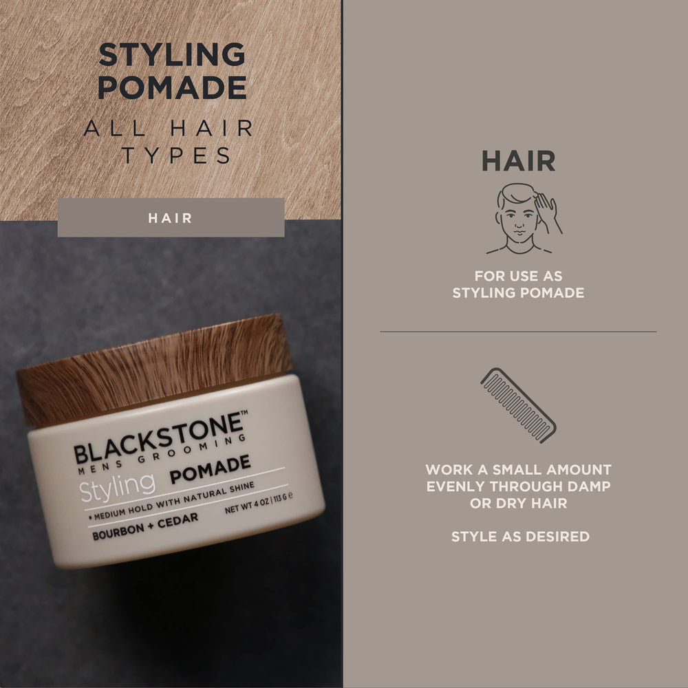 Blackstone pomade texture close-up for lightweight hold and flexible styling.