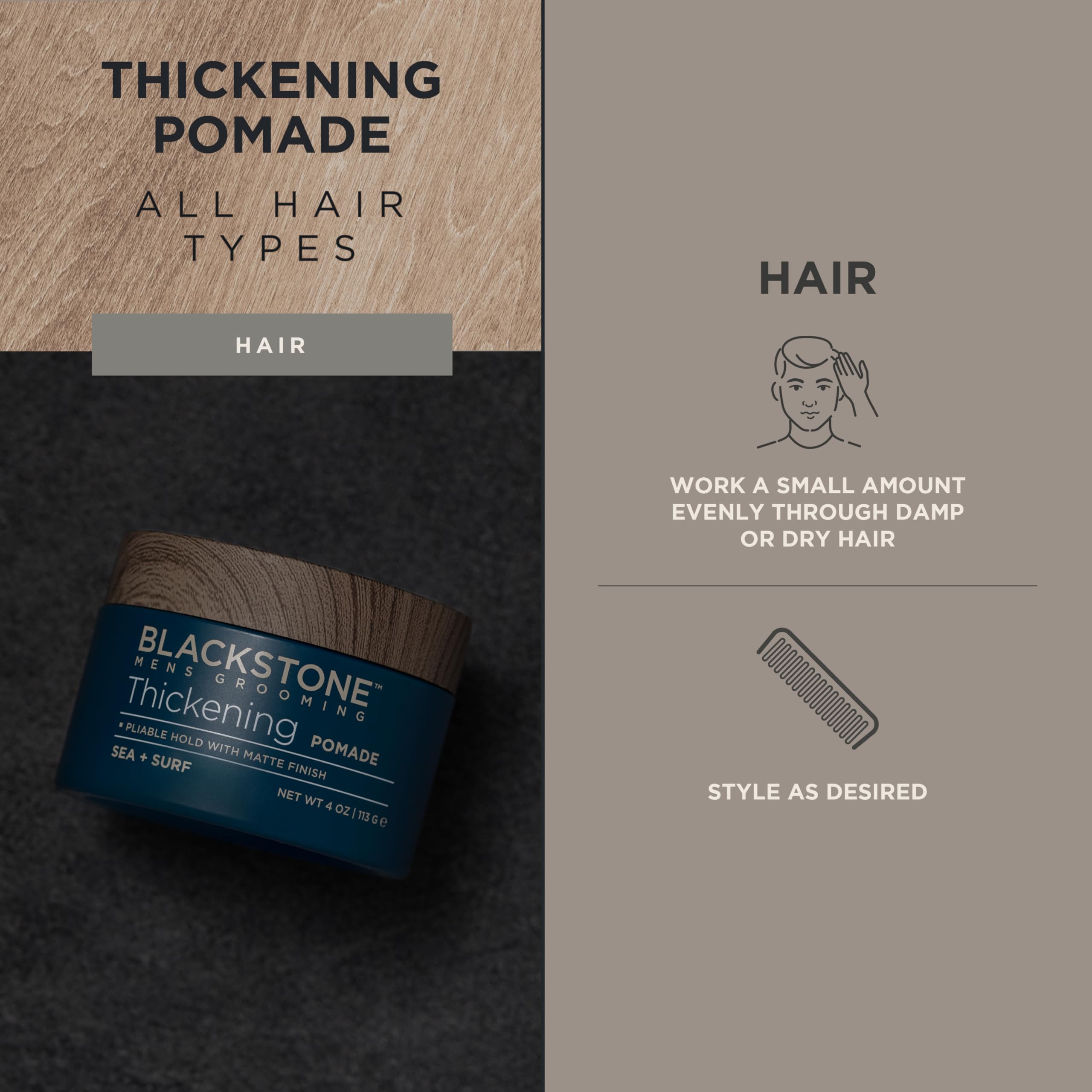 Blackstone pomade hands-application shows pliable hold for flexible styling.
