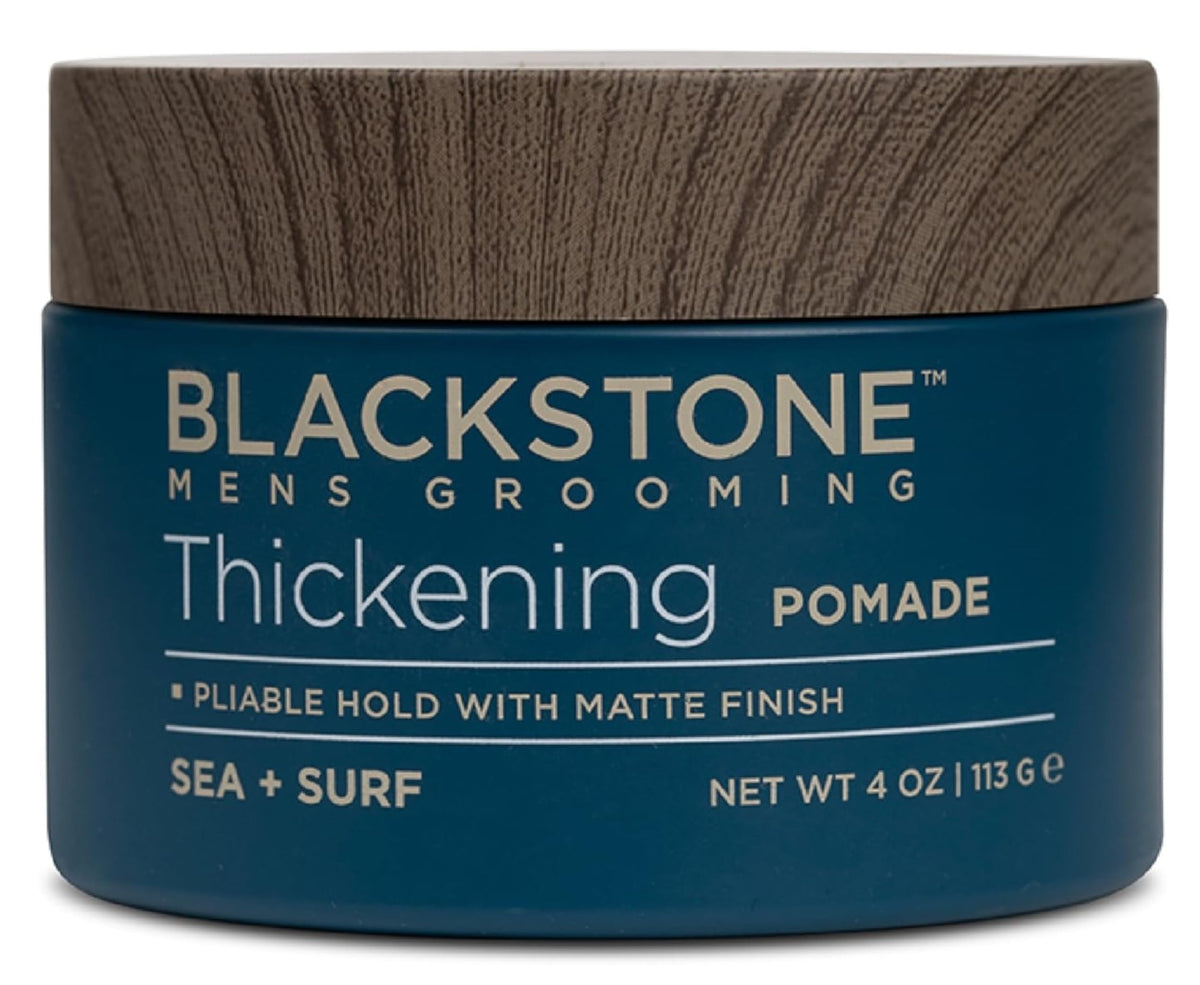 Blackstone pomade jar closeup demonstrates matte finish for natural texture.