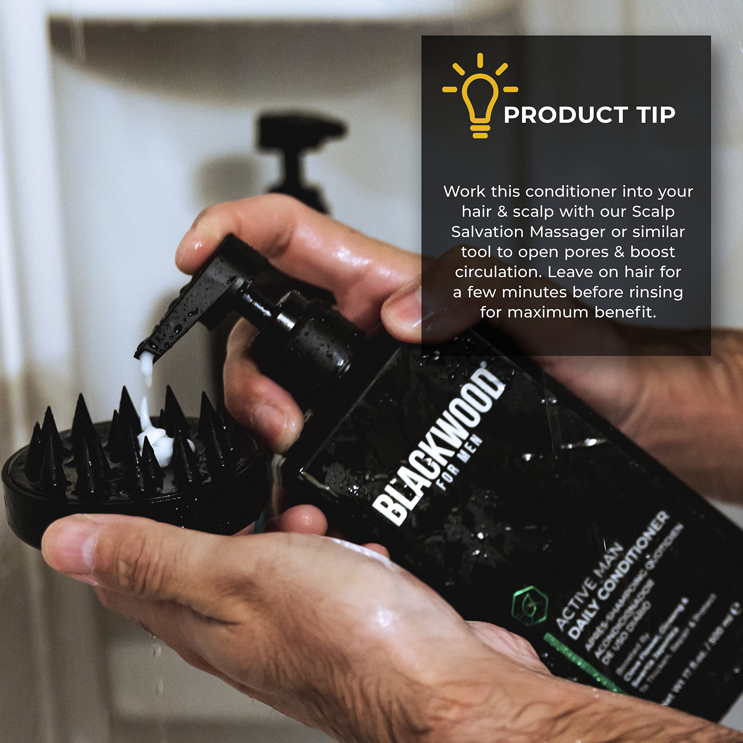 Blackwood For Men Active Man ConditionER bottle on sink ready for routine.