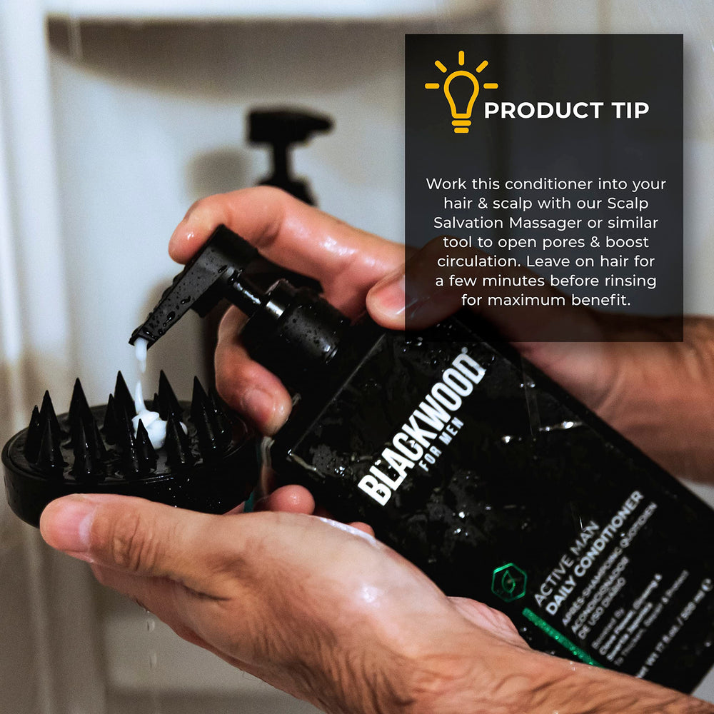 Blackwood For Men Active Man ConditionER bottle on sink ready for routine.