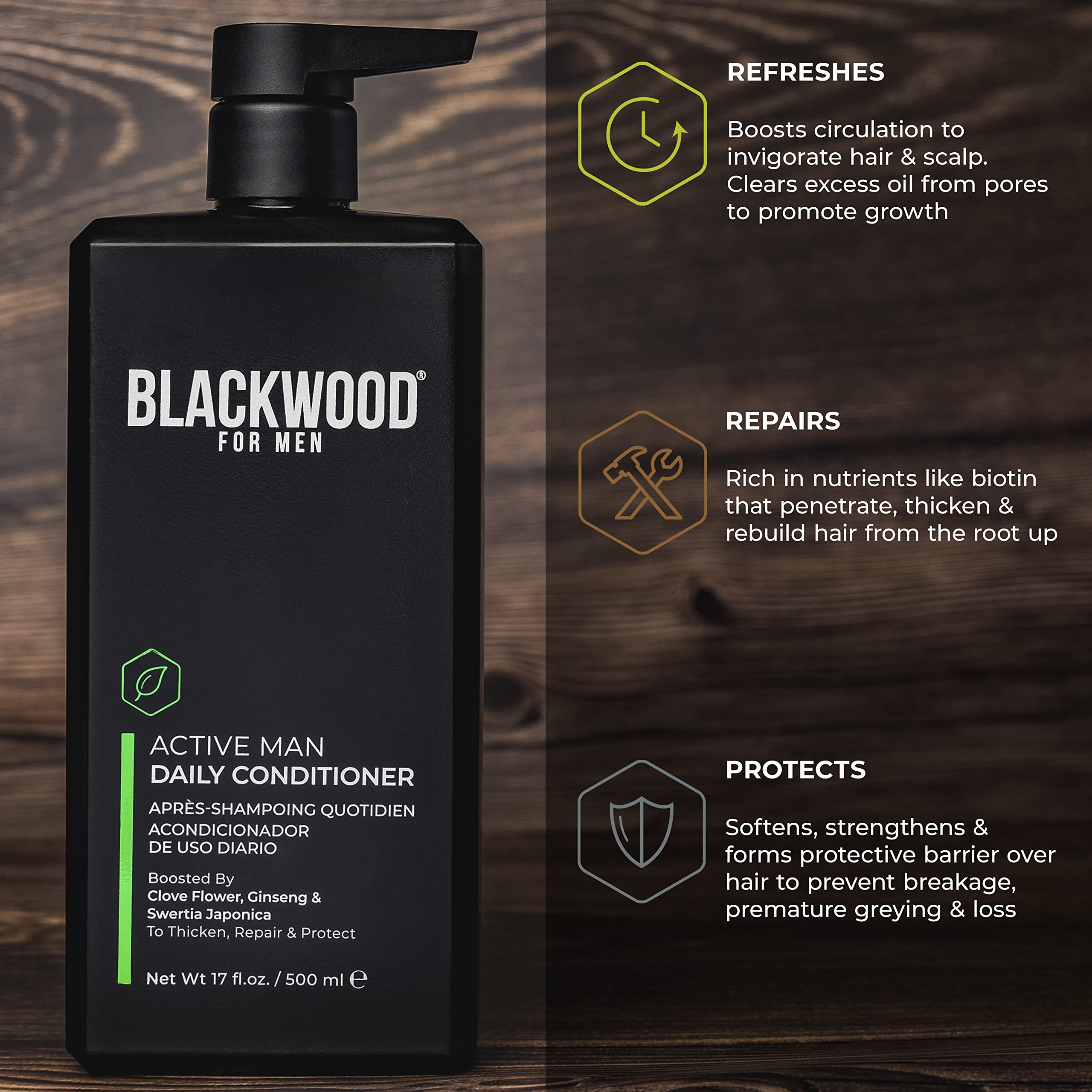 Blackwood For Men Active Man Conditioners ingredients tsubaki and licorice nourish.