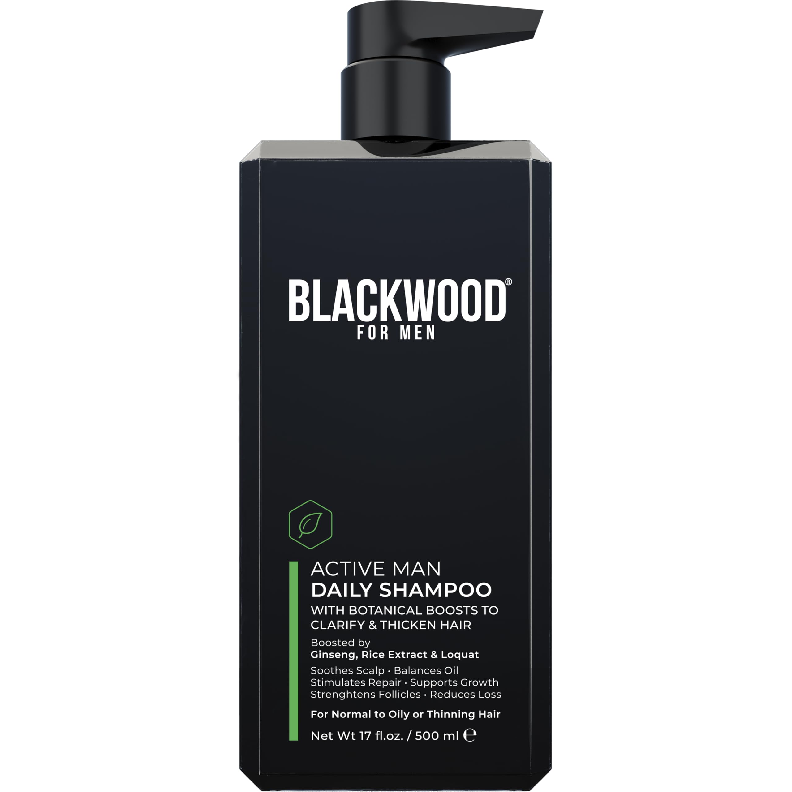 Blackwood For Men Active Man Daily Shampoo bottle showing oil-control formula for normal to oily hair.
