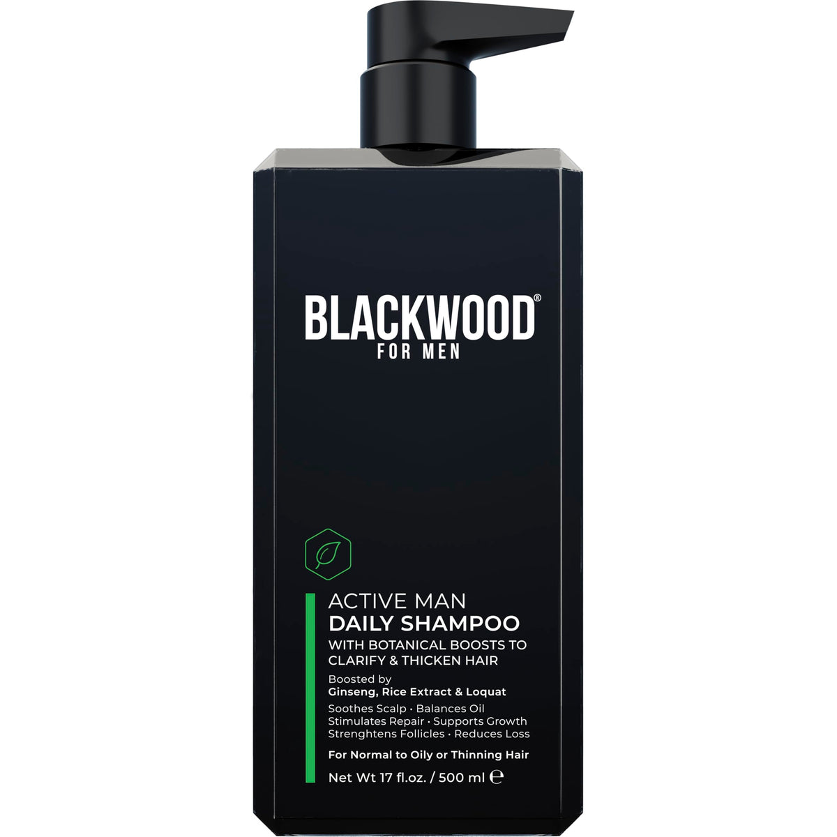 Blackwood For Men Active Man Daily Shampoo bottle showing oil-control formula for normal to oily hair.