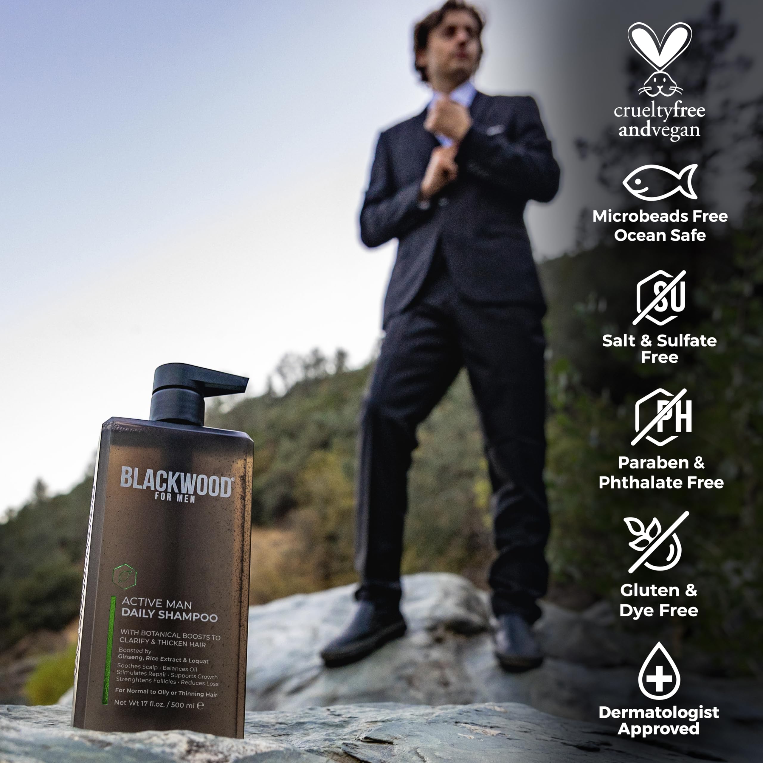 Blackwood For Men Active Man Daily Shampoo highlighting ginseng and aloe vera for scalp soothing.