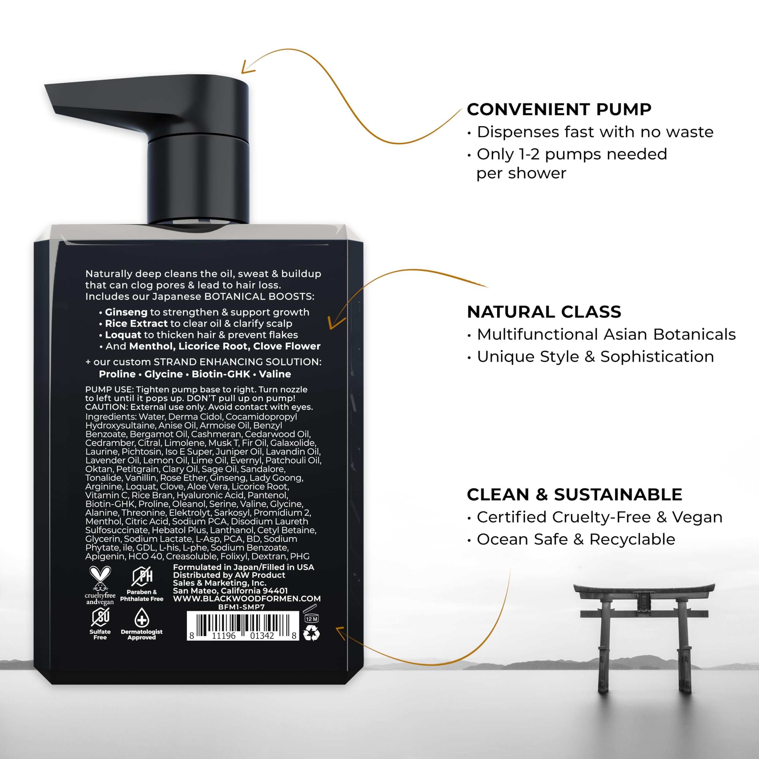Blackwood For Men label detail showing vegan sulfate-free formula benefits.