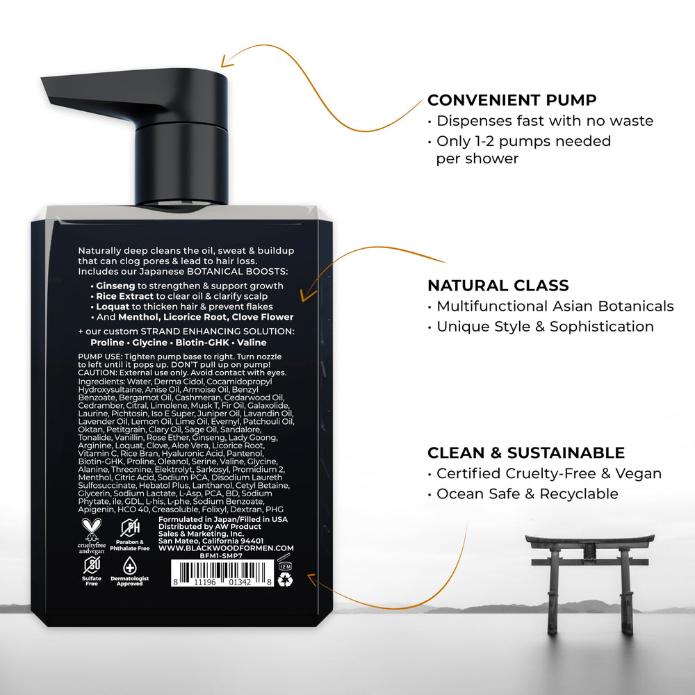 Blackwood For Men label detail showing vegan sulfate-free formula benefits.