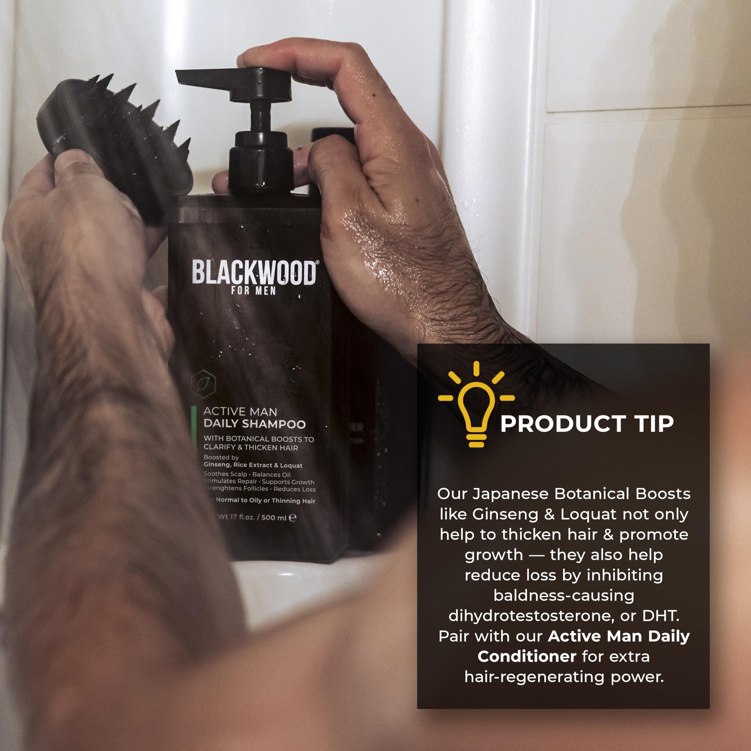 Blackwood For Men Active Man Daily Shampoo on bathroom shelf after workout, post-exercise refresh.