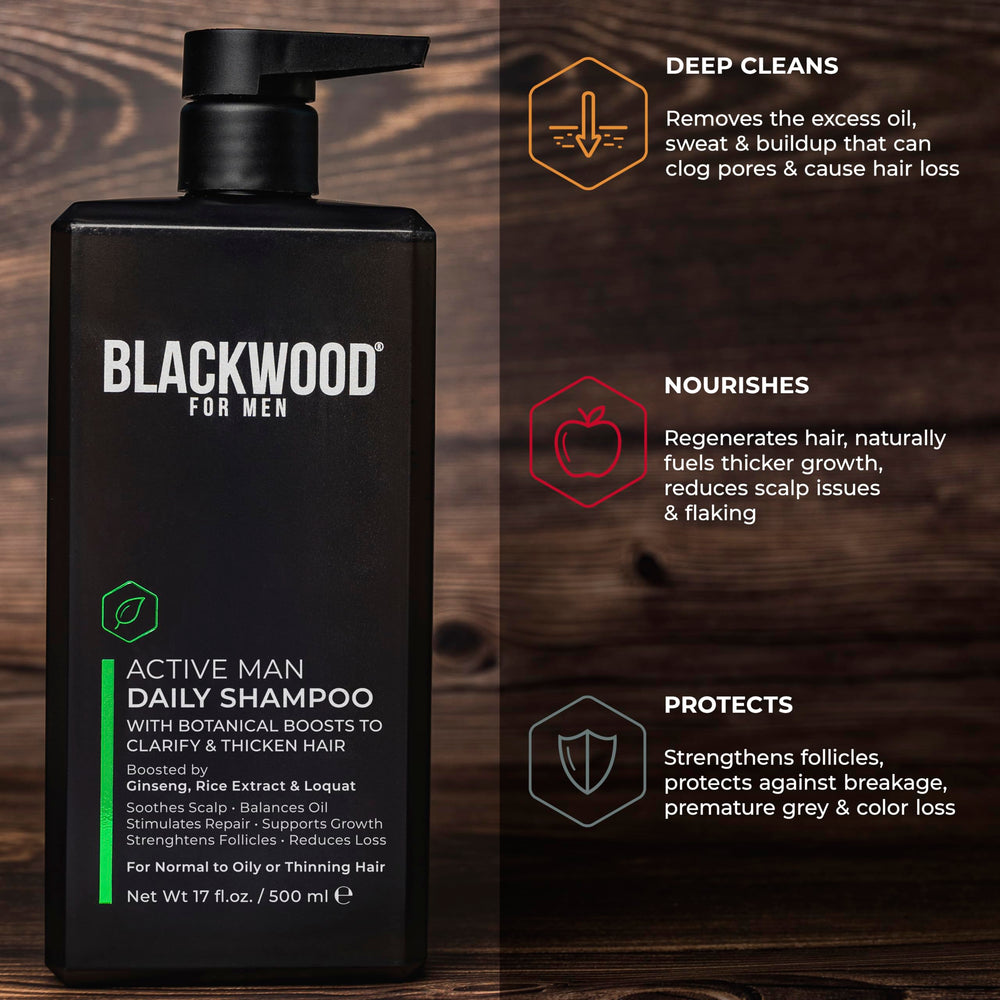 Scalp care scene with menthol cooling from Blackwood For Men Active Man Daily Shampoo.