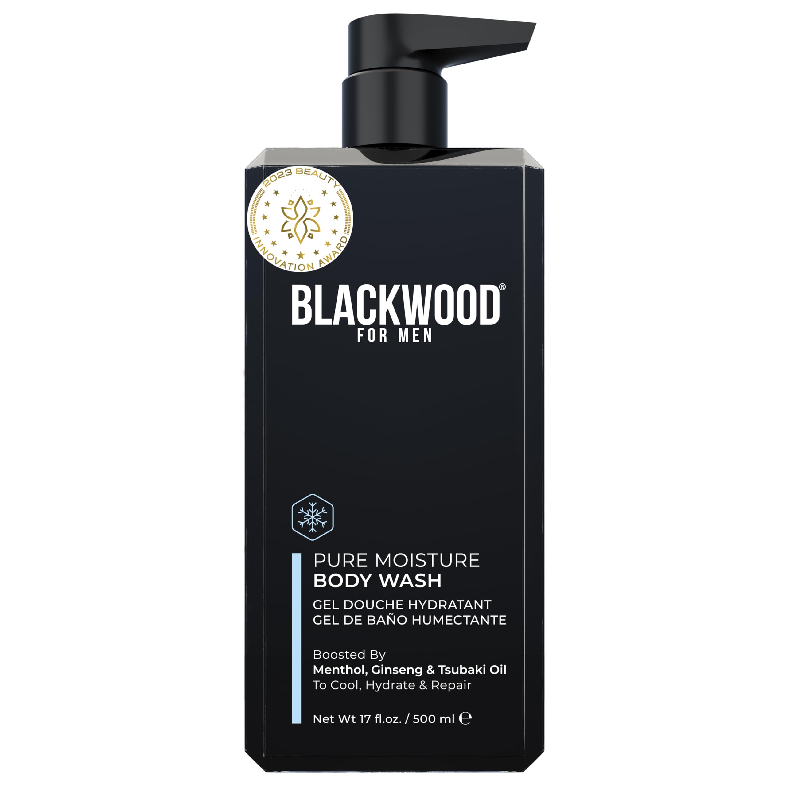 Blackwood For Men Pure Moisture Body Wash bottle pouring to boost hydration after cleansing
