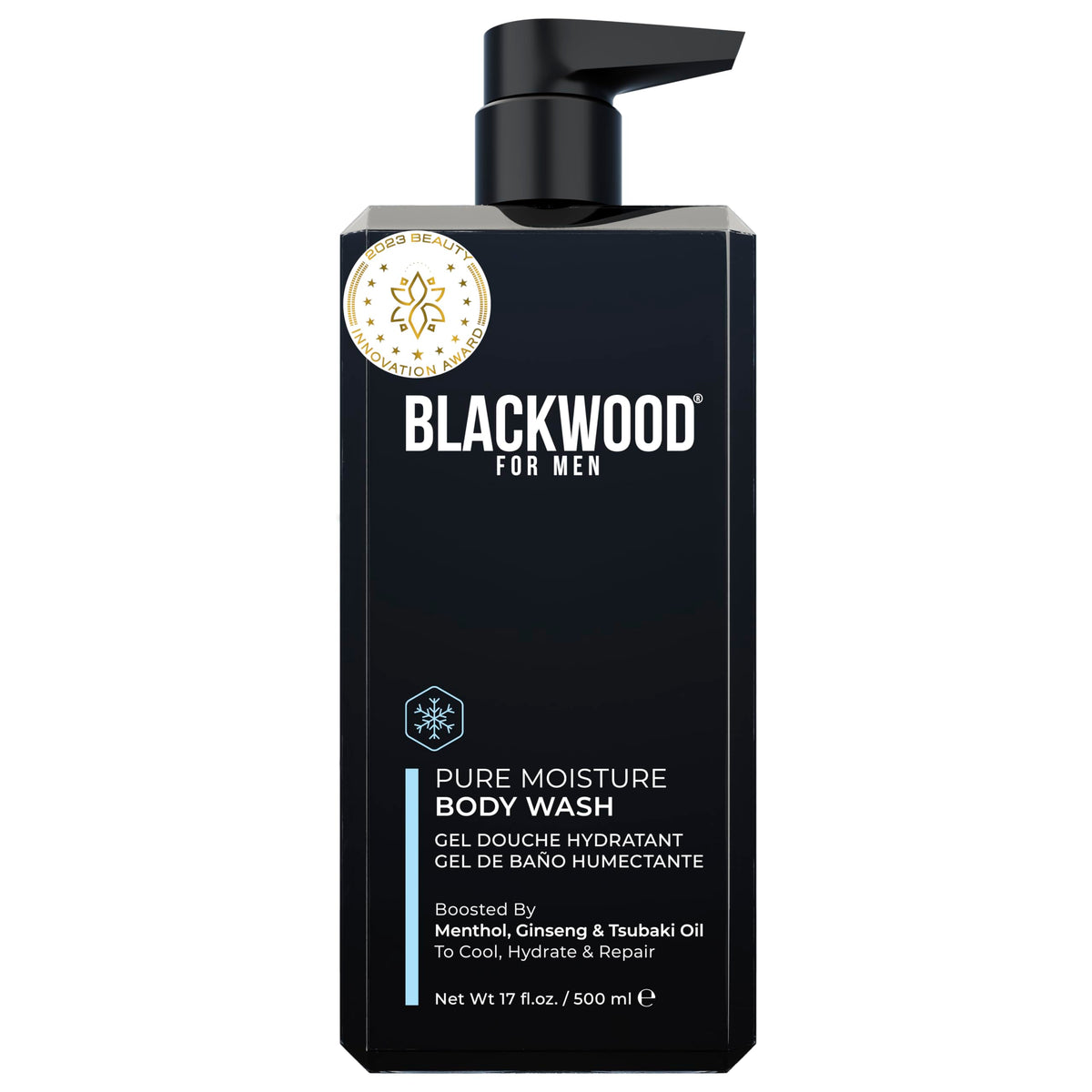 Blackwood For Men Pure Moisture Body Wash bottle pouring to boost hydration after cleansing