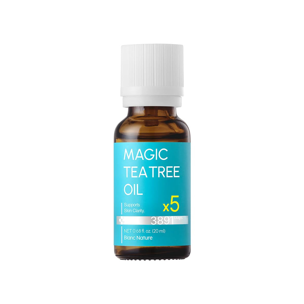 BLANC NATURE Magic Tea Tree Oil bottle shown for clear skin support daily.
