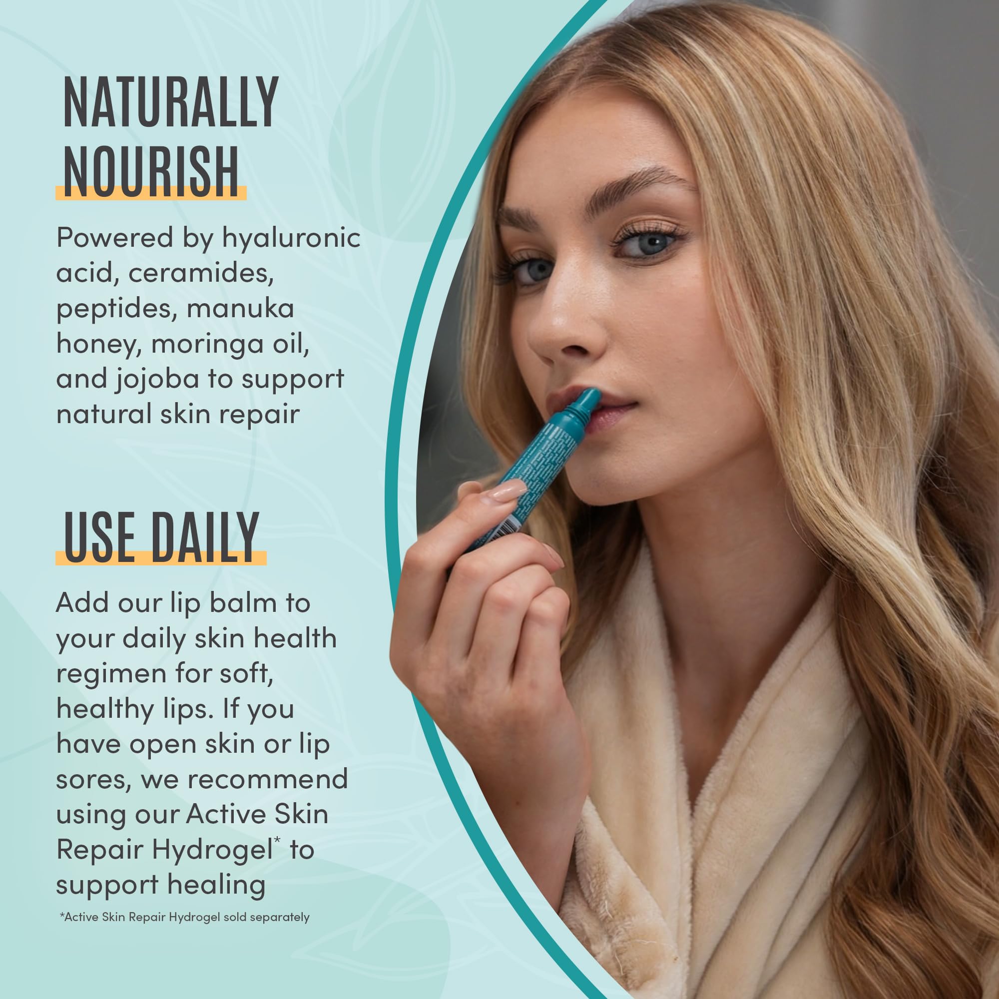 BLDG ACTIVE Moringa oil lip balm closeup highlights natural conditioning.