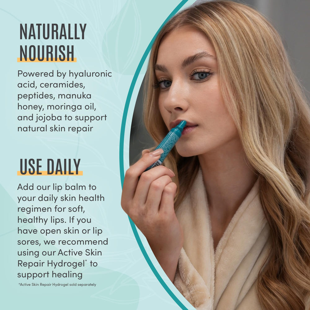 BLDG ACTIVE Moringa oil lip balm closeup highlights natural conditioning.