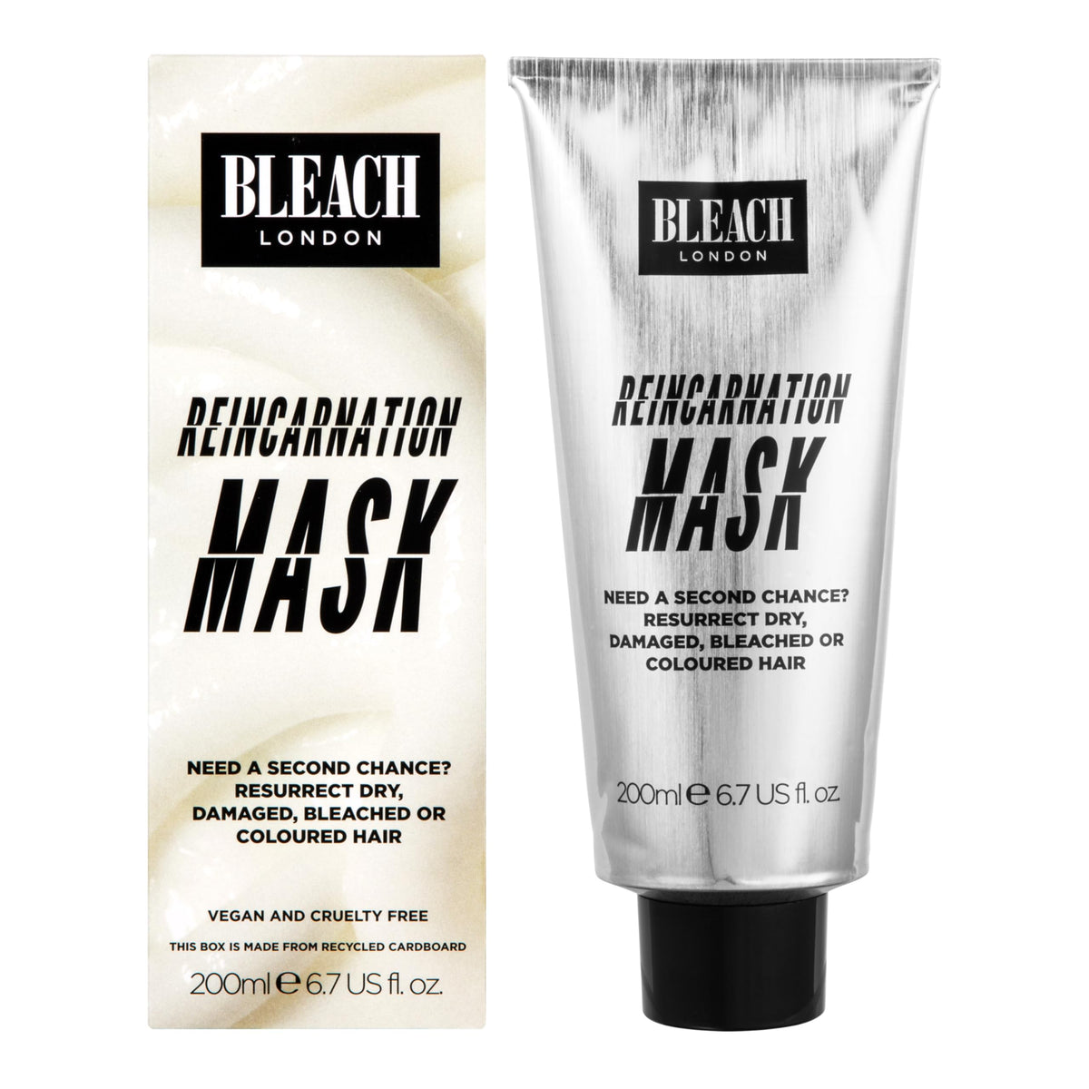 Bleach London Reincarnation Mask bottle emphasizes nutrient-rich repair for hair