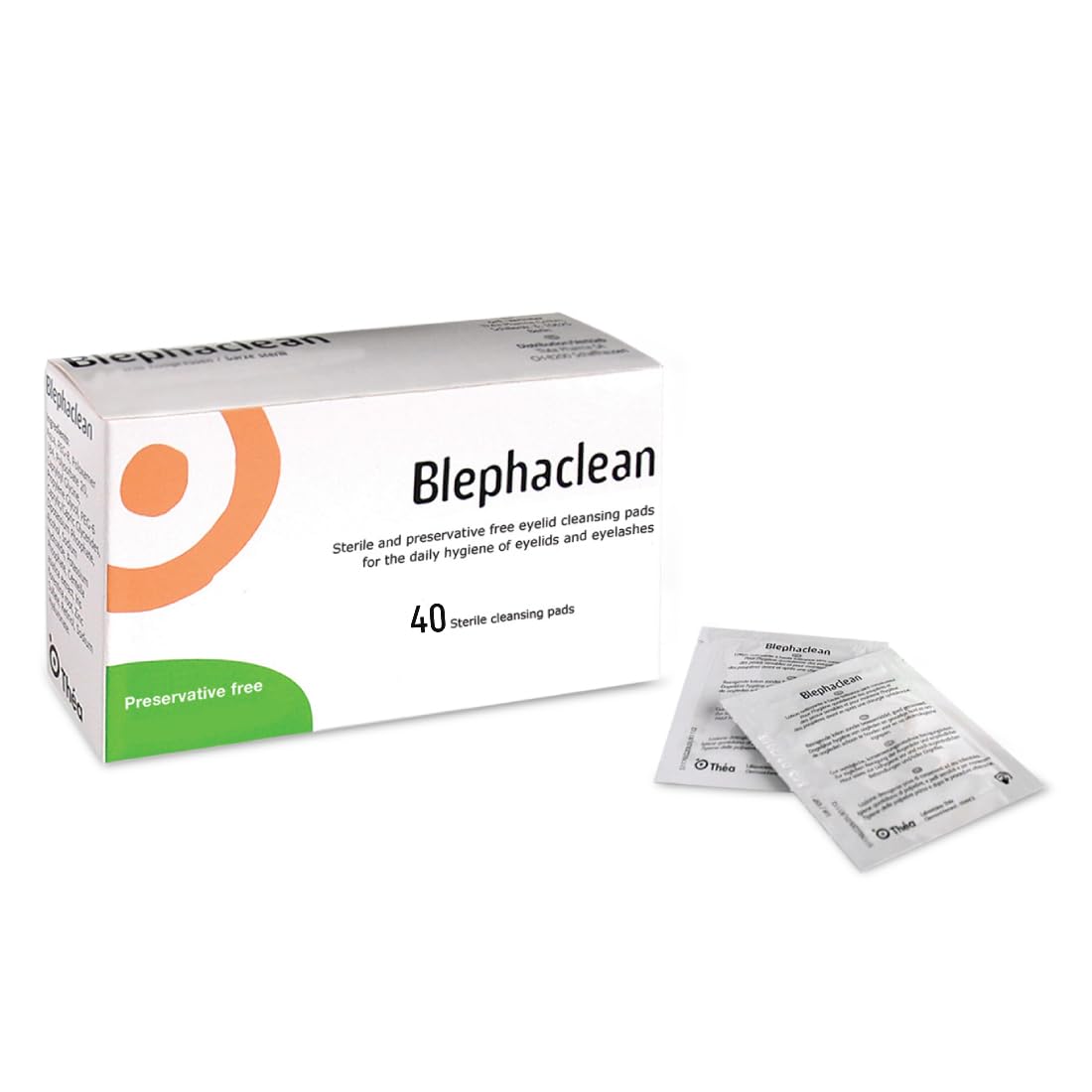 Blephaclean sterilized wipes close-up: sterile, ready-to-use eye-area hygiene for daily care.