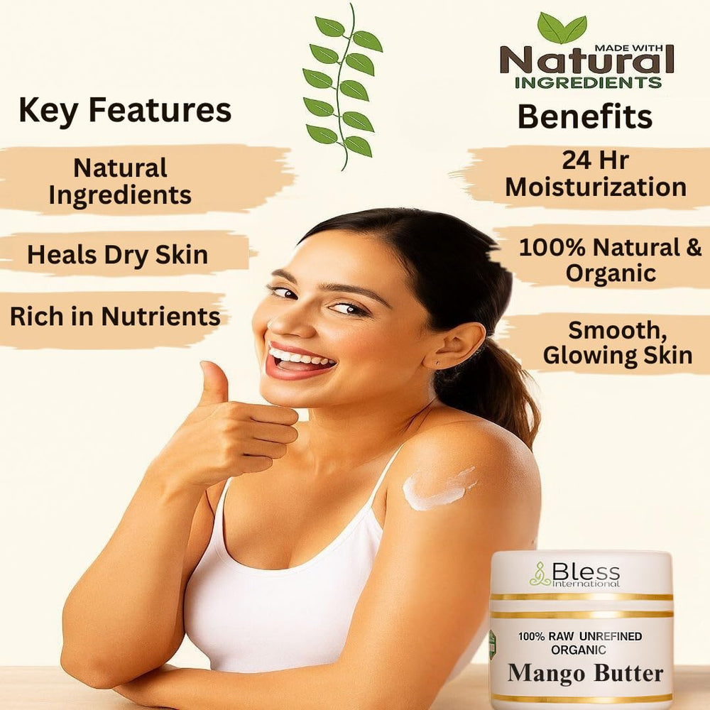 Bless International Mango Butter 4oz jar packaging highlights Grade A purity for DIY skincare.