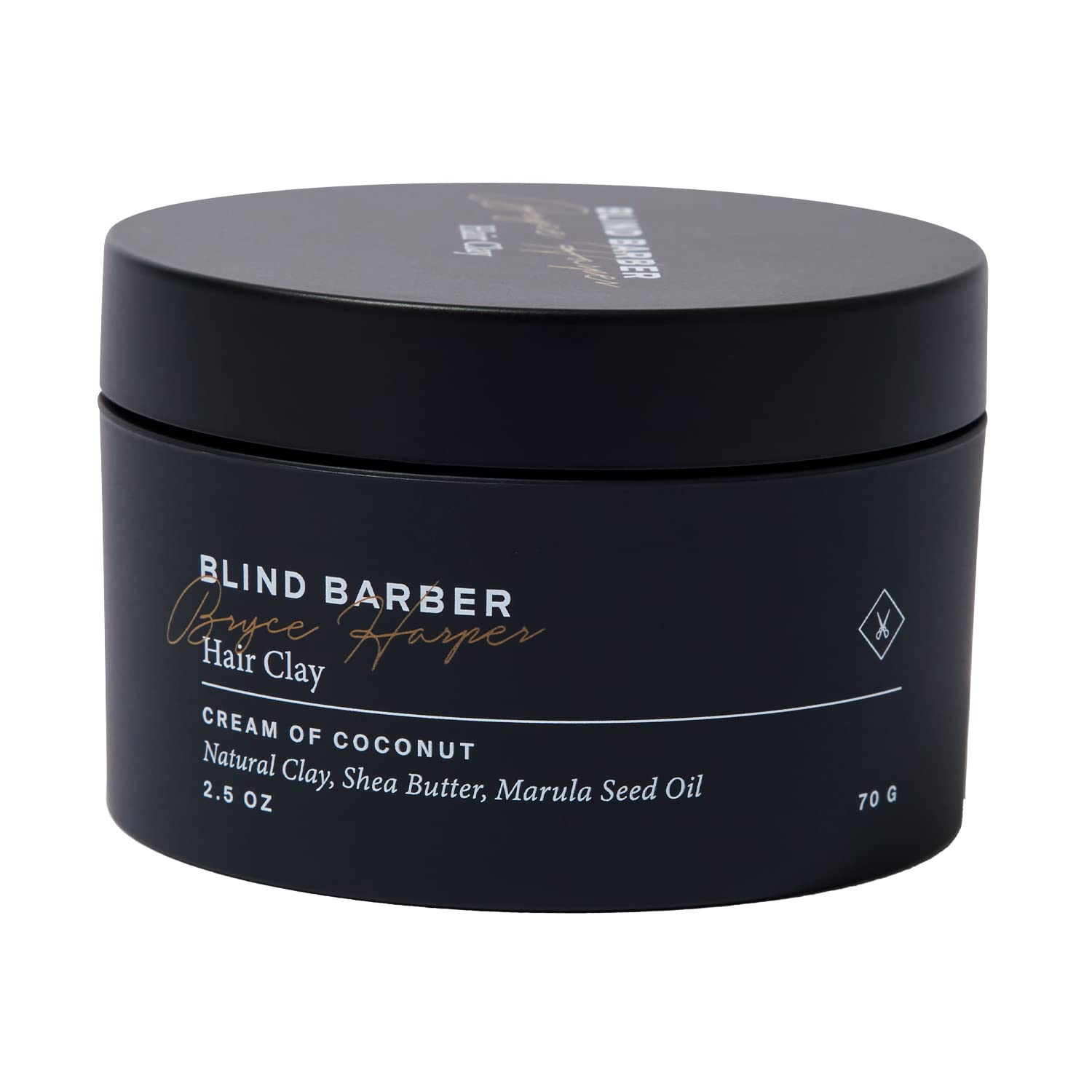 Blind Barber Bryce Harper Hair Clay bottle closeup showing matte finish for natural-looking hold.