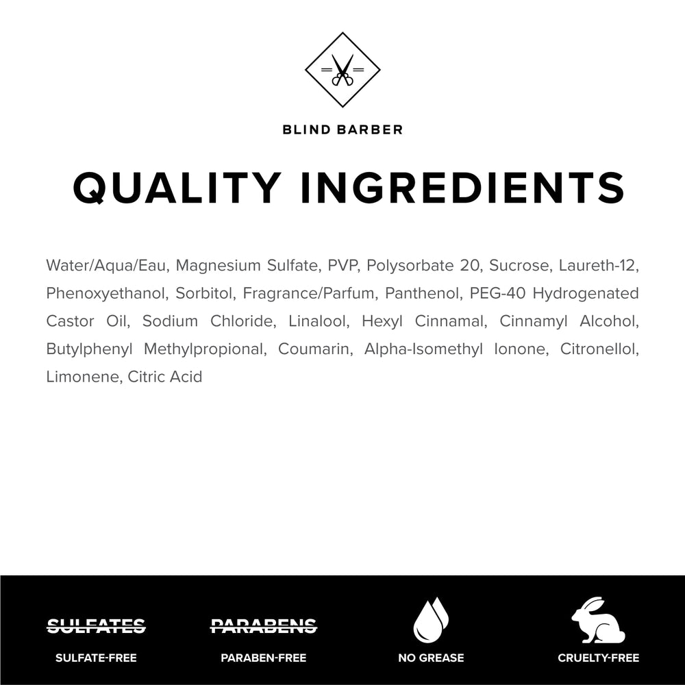 Blind Barber product-packaging display emphasizes sea salt spray premium lifestyle aesthetic.