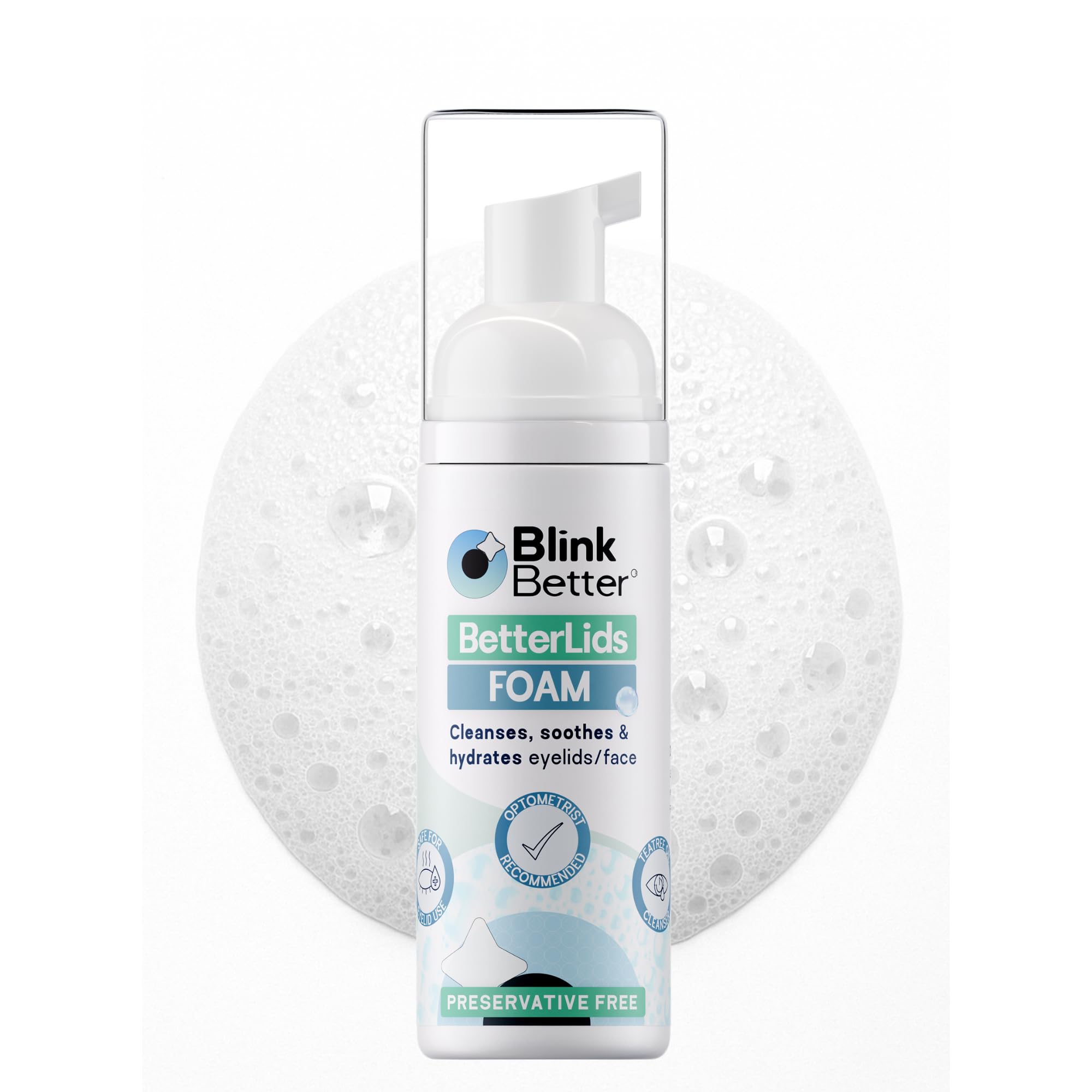BlinkBetter BetterLids eyelid foam cleanser bottle shows gentle cleansing action.