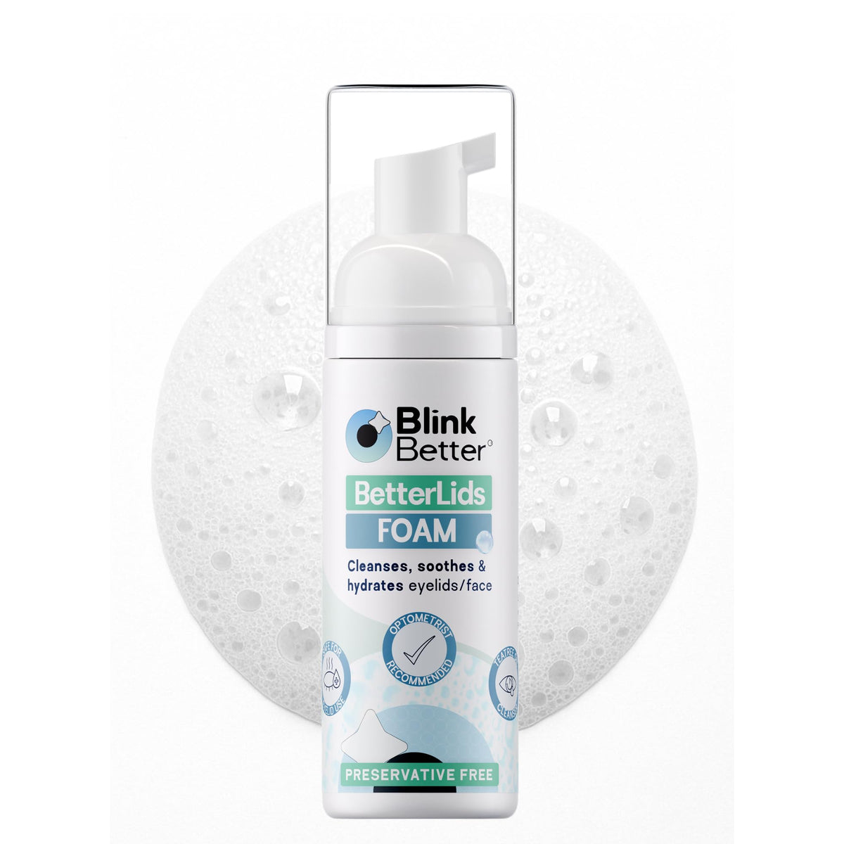 BlinkBetter BetterLids eyelid foam cleanser bottle shows gentle cleansing action.