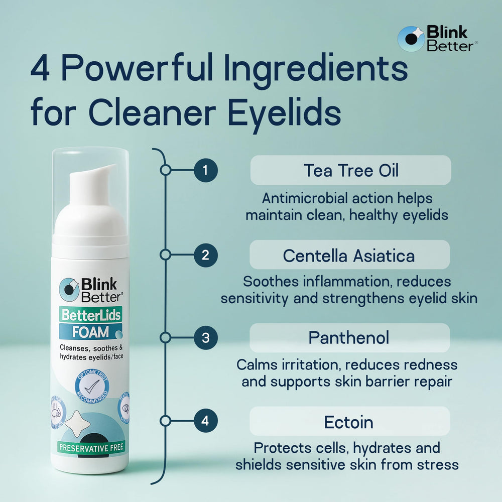 BlinkBetter BetterLids foam lather application demonstrates gentle cleansing for lashes and lids.