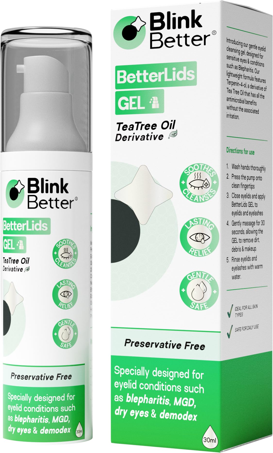 BlinkBetter BetterLids Gel bottle-pour demonstrates easy daily eyelid cleansing for refreshed eyes.