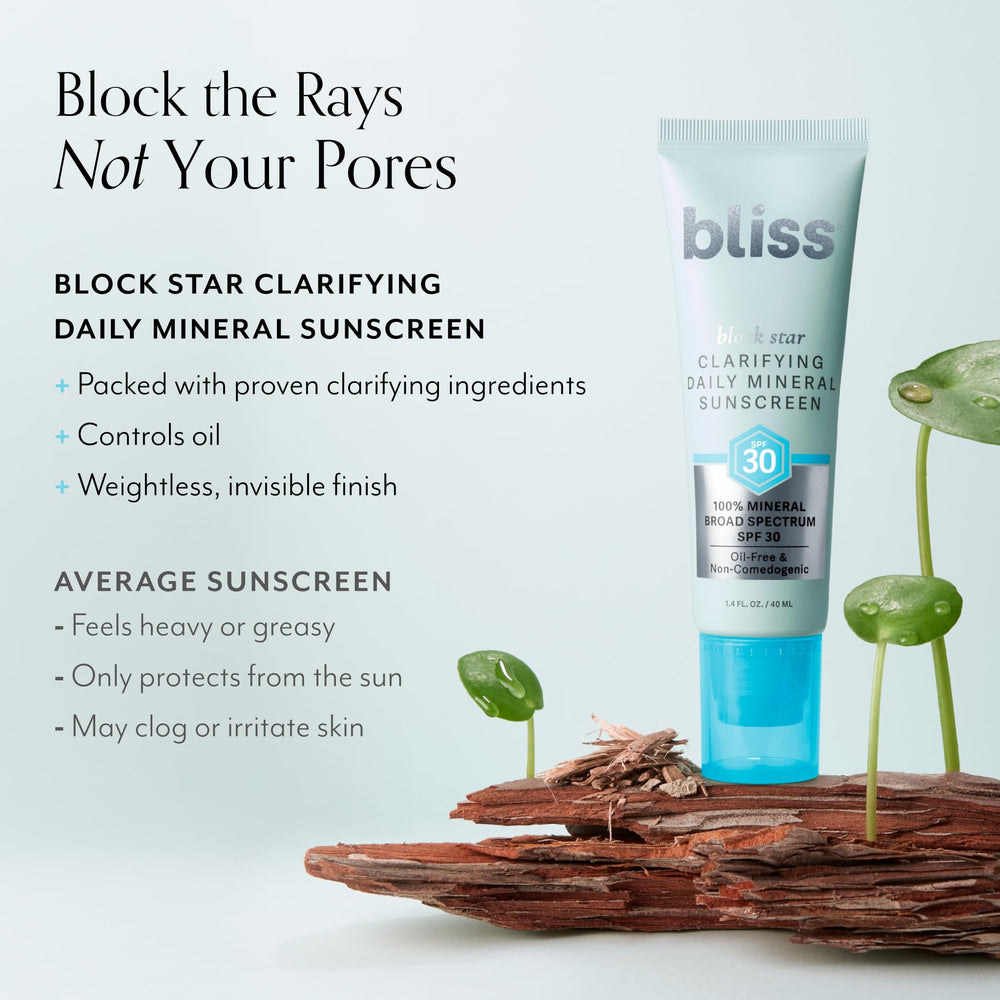 Bliss Block Star mineral sunscreen label highlights non-comedogenic formula for blemish-prone skin.
