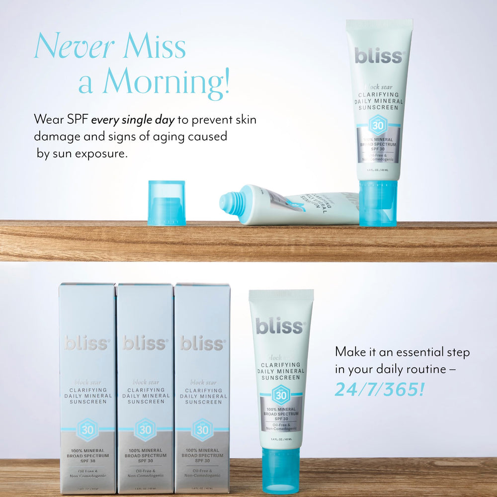 Bliss Block Star salicylic acid graphic suggests gentle exfoliation for clearer pores.