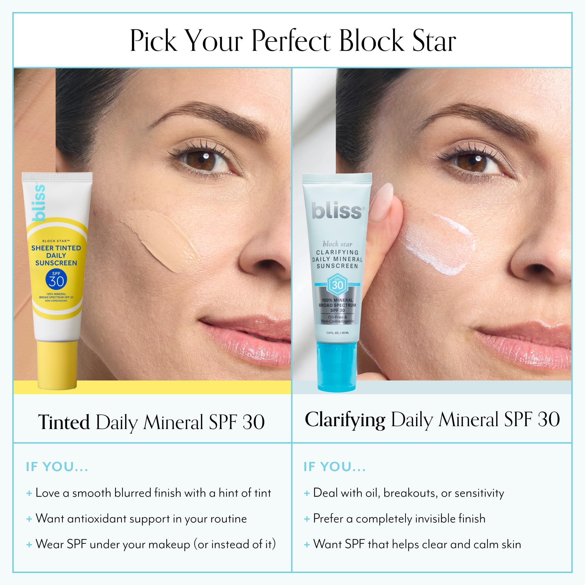 Bliss Block Star texture demonstration shows blendable formula under makeup.