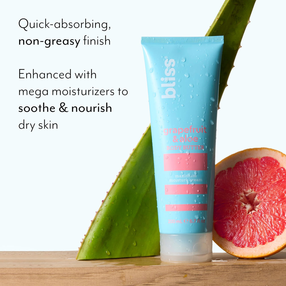 Bliss Body Butter grapefruit-aloe application-to-skin shows smooth, non-greasy finish.